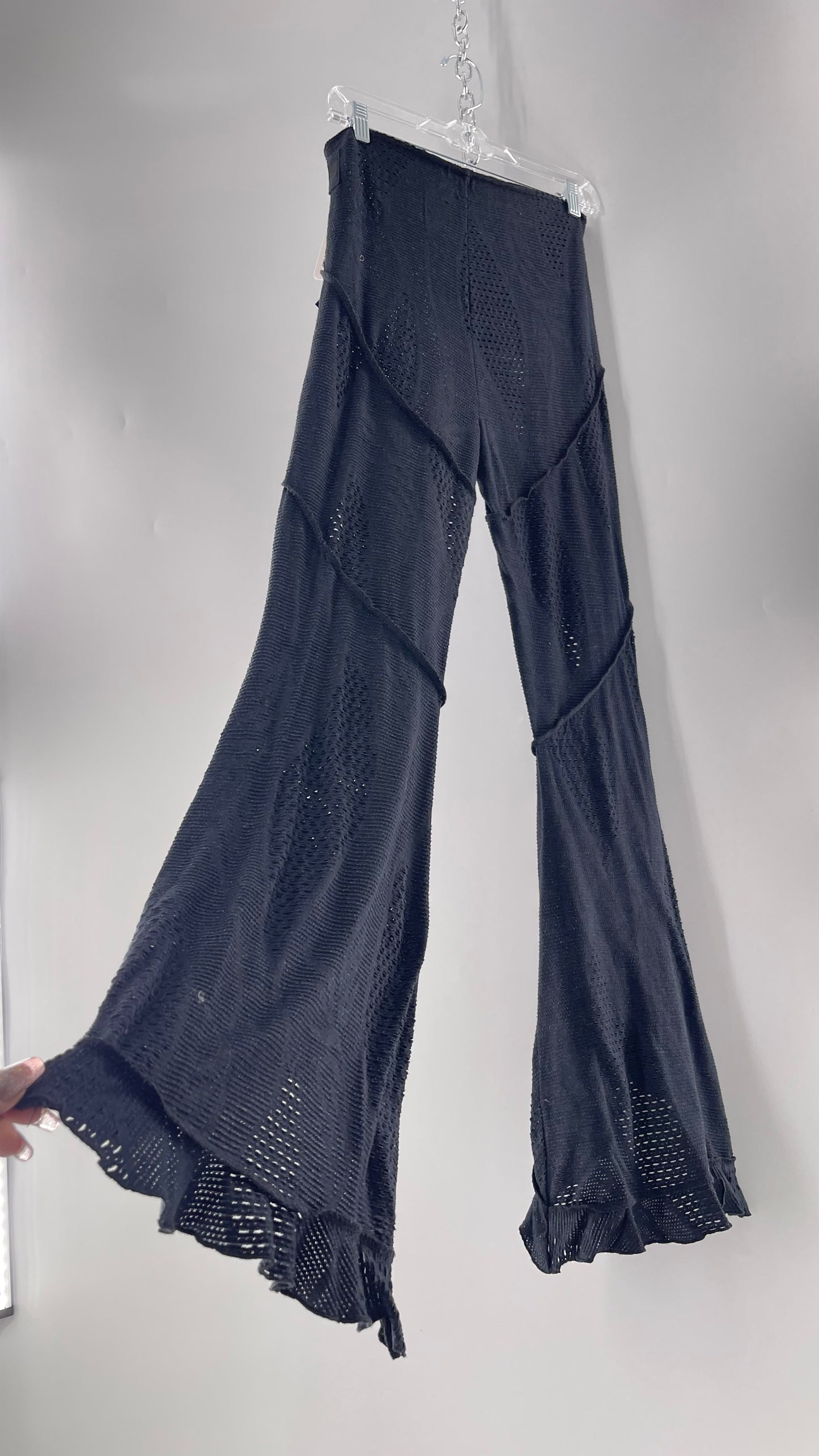 Free People Black Midnight Grey Mixed Pattern Kickflares with High Low Hem, Exposed Seams and Distressing Tags Attached (Medium)
