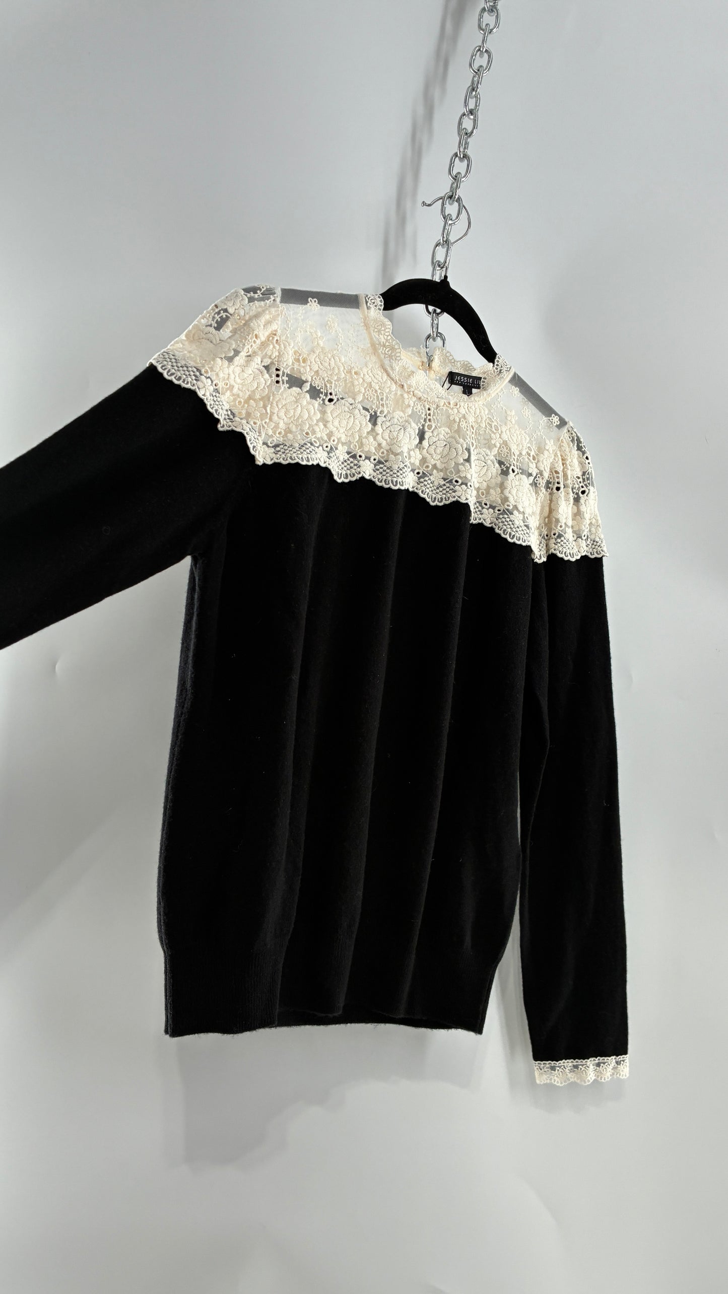 JESSIE LIU Amari Black 100% Merino Wool Sweater with Ivory Lace Neckline and Cuffs (Large)