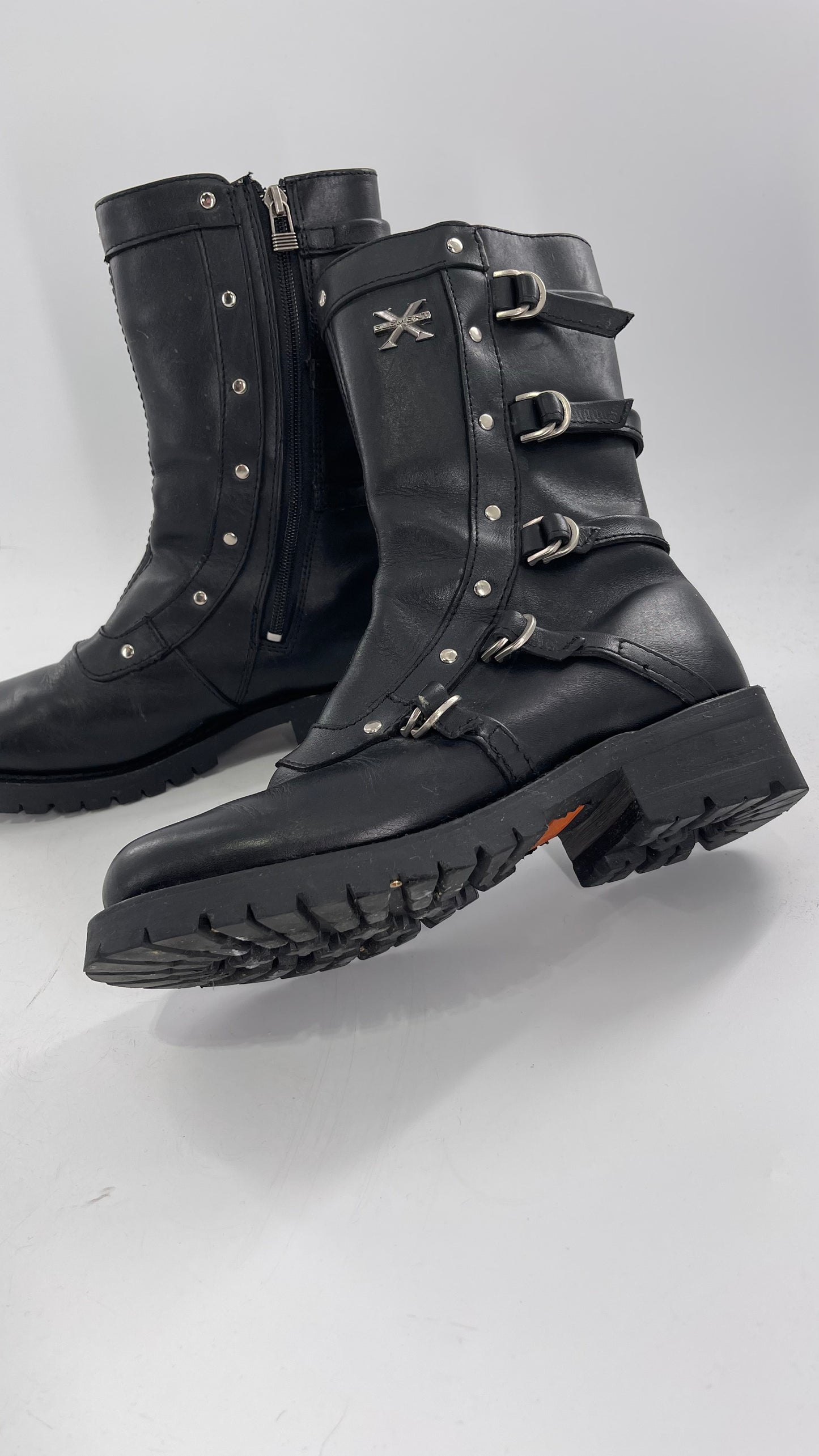 Vintage 1990s XELEMENT Buckle Side Genuine Leather Steam Punk Boots (Women’s 8.5)