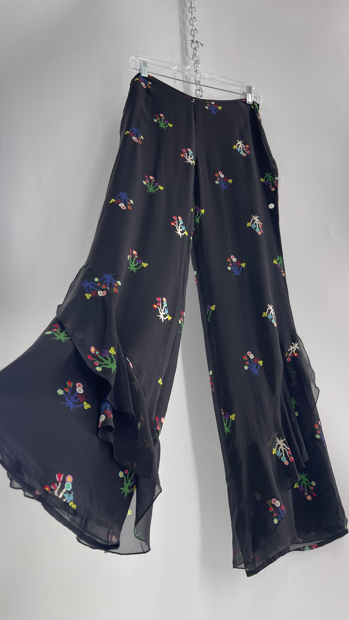 Cynthia Rowley Black Flared Pants with Colorful Abstract Florals, Dual Lining and Ruffle Trim (4)