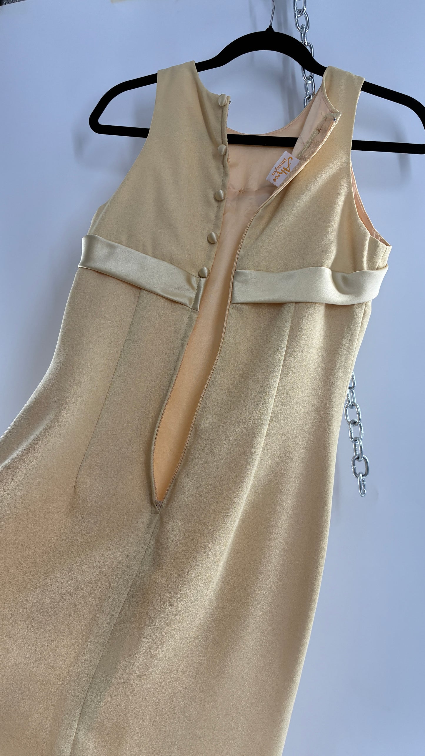 Vintage ALYCE’S Baby Yellow High Neck Satin Bow Bust, Side Slit, Button Back Gown (Measured)