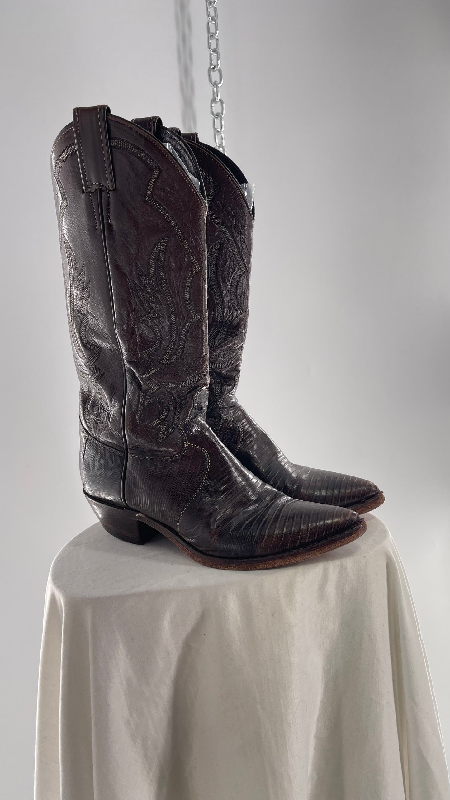Vintage JUSTIN Dark Brown Leather/Lizard Pointed Toe Cowboy Boots Worn In (7.5)