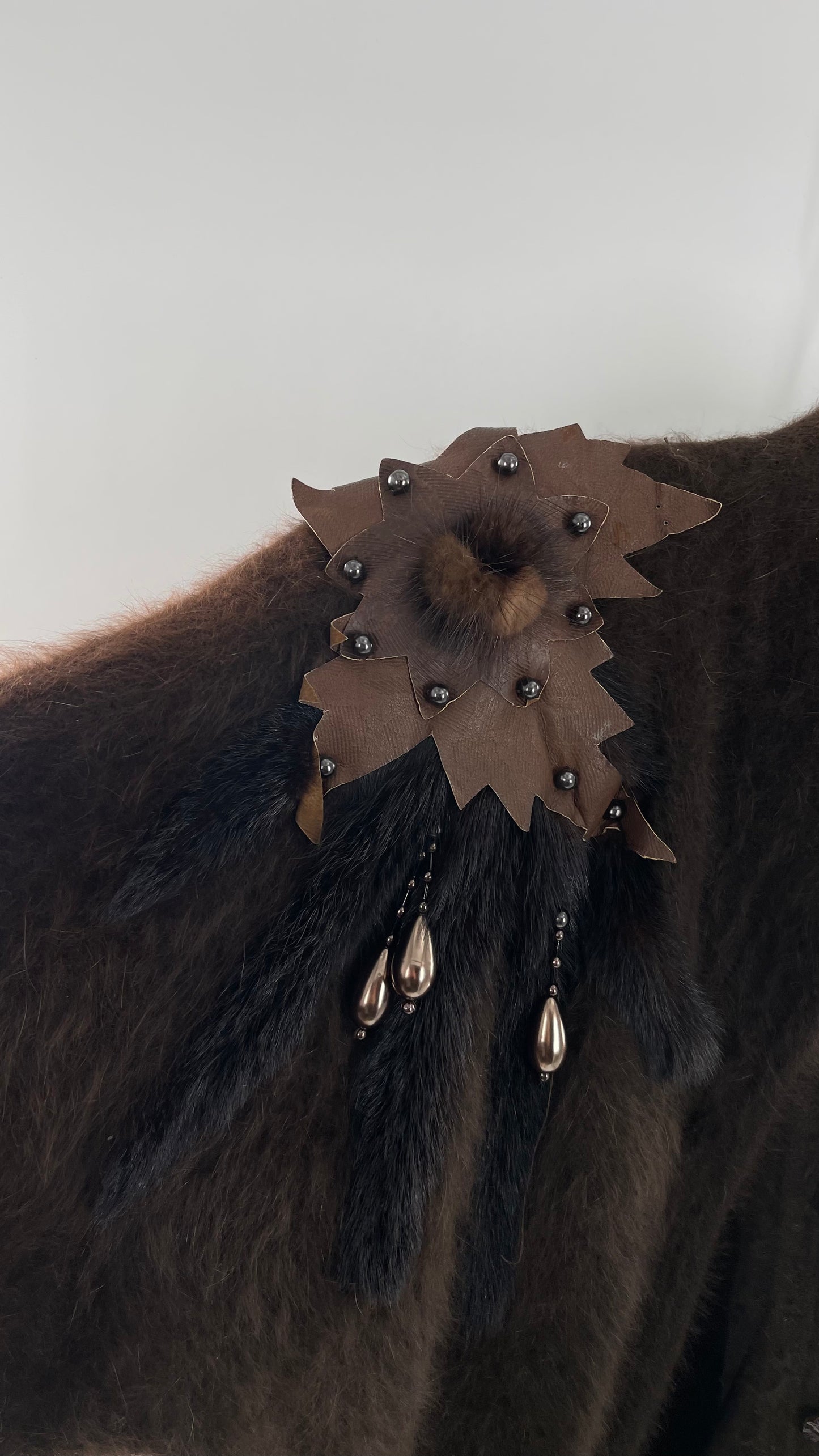 Liho Korean Vintage Brown Cardigan with Leather, Fur and Beaded Detailing 15% Wool 75% Angora  (C)(Medium)