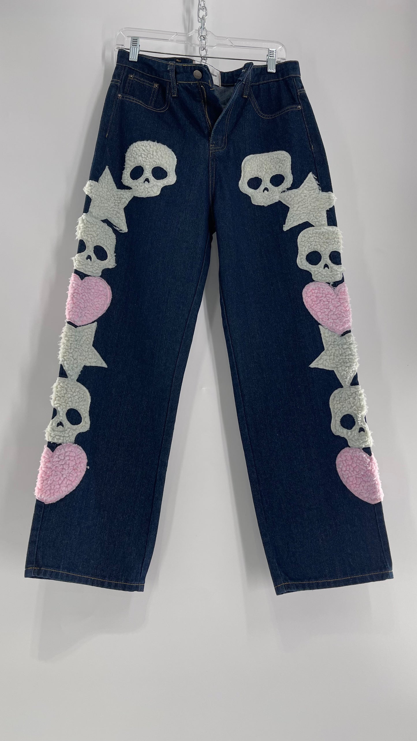 MadeExtreme Dark Wash Denim with Skull/Heart Patches and Bum Embroidery (Medium 8)