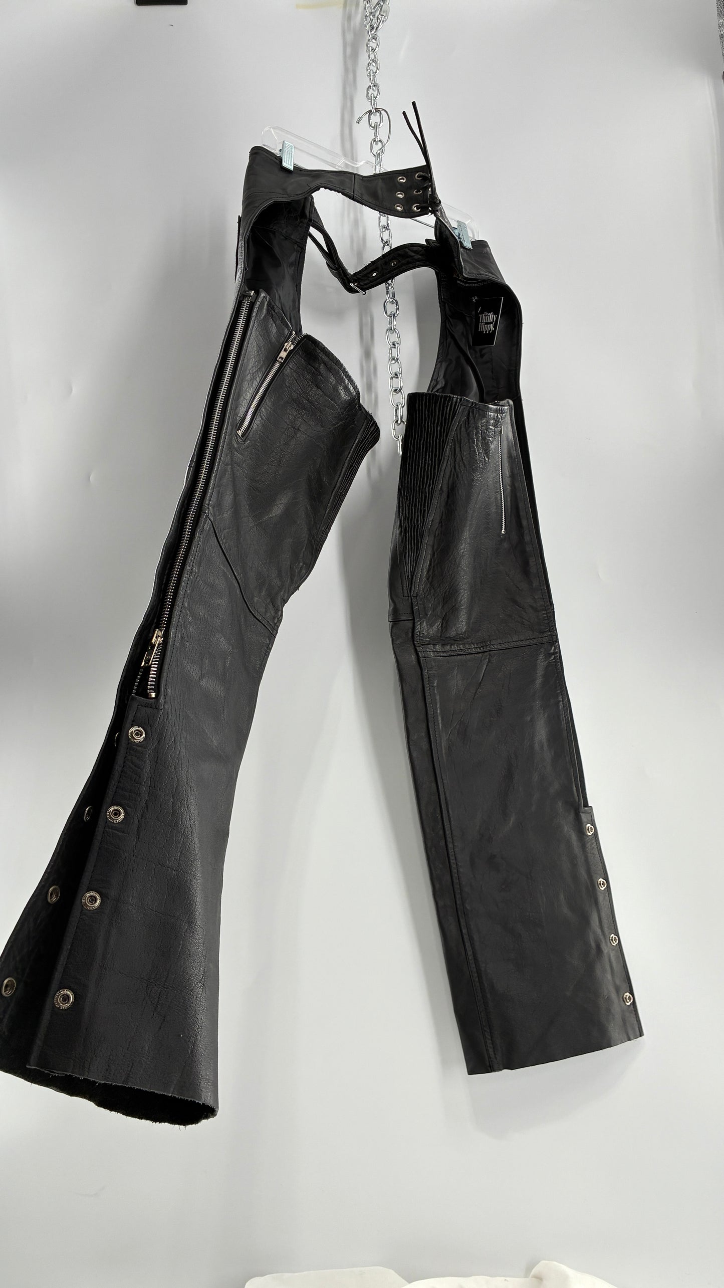 Vintage Xelement Black Genuine Leather Motorcycle Chaps with Side Zipper and Button Closure (34)