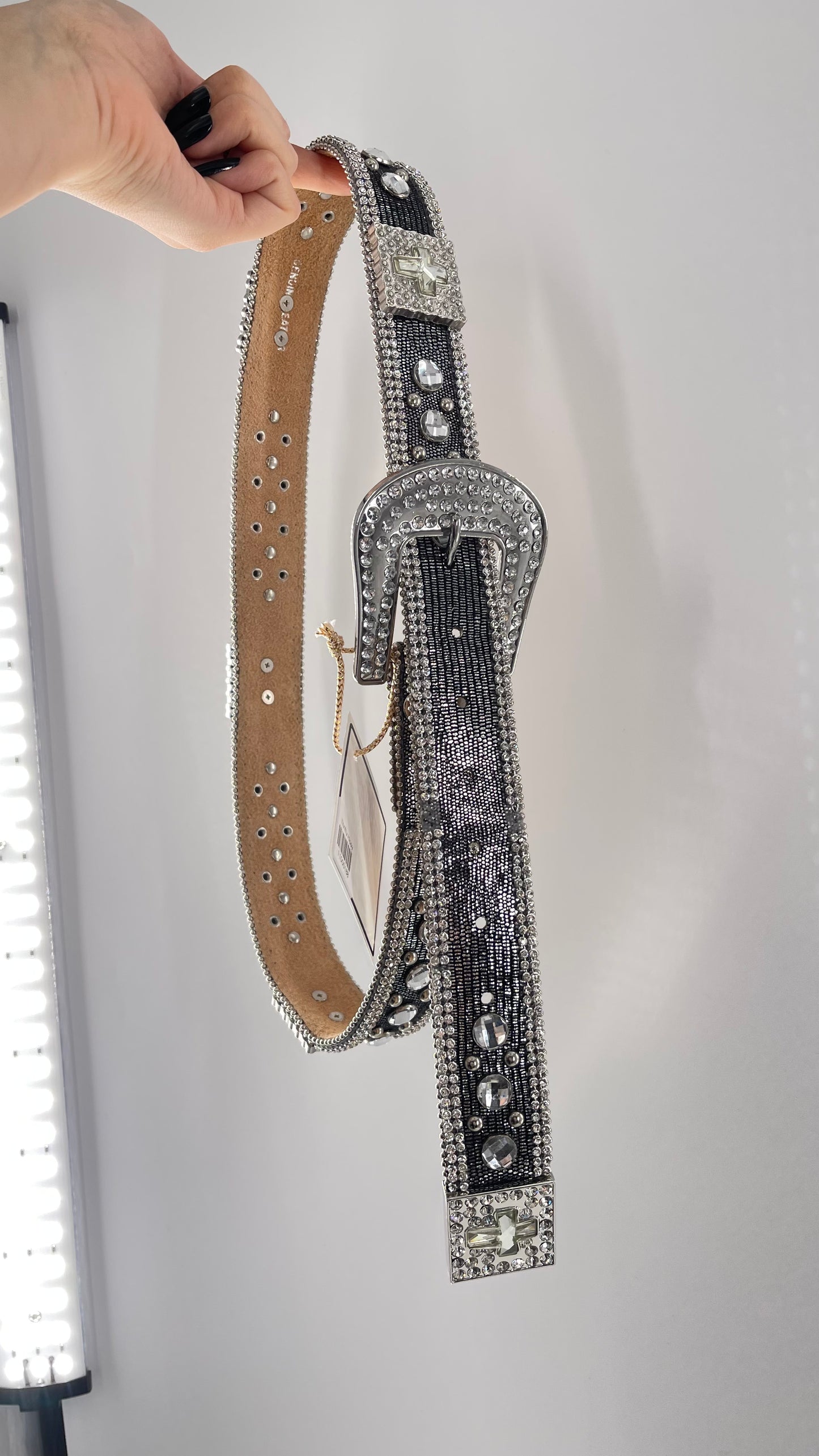 Free People Dark Silver Metallic Snake Print Belt covered in Crystal Embellishments and Heavy Metal Crosses (M)