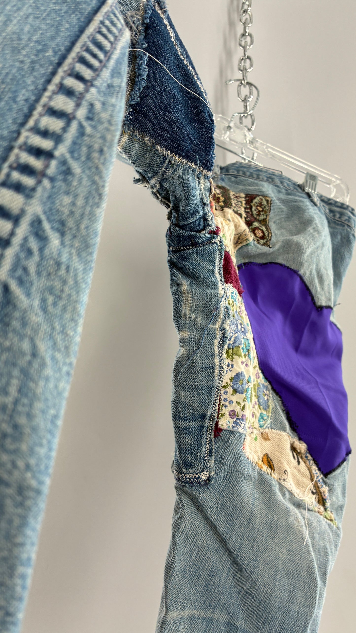 Vintage Rare 1970s Light Wash, Low Rise Boot Cut Jeans with Hand Stitched Tapestry Style Patches and Purple Heart on Bum (Measurements Below)
