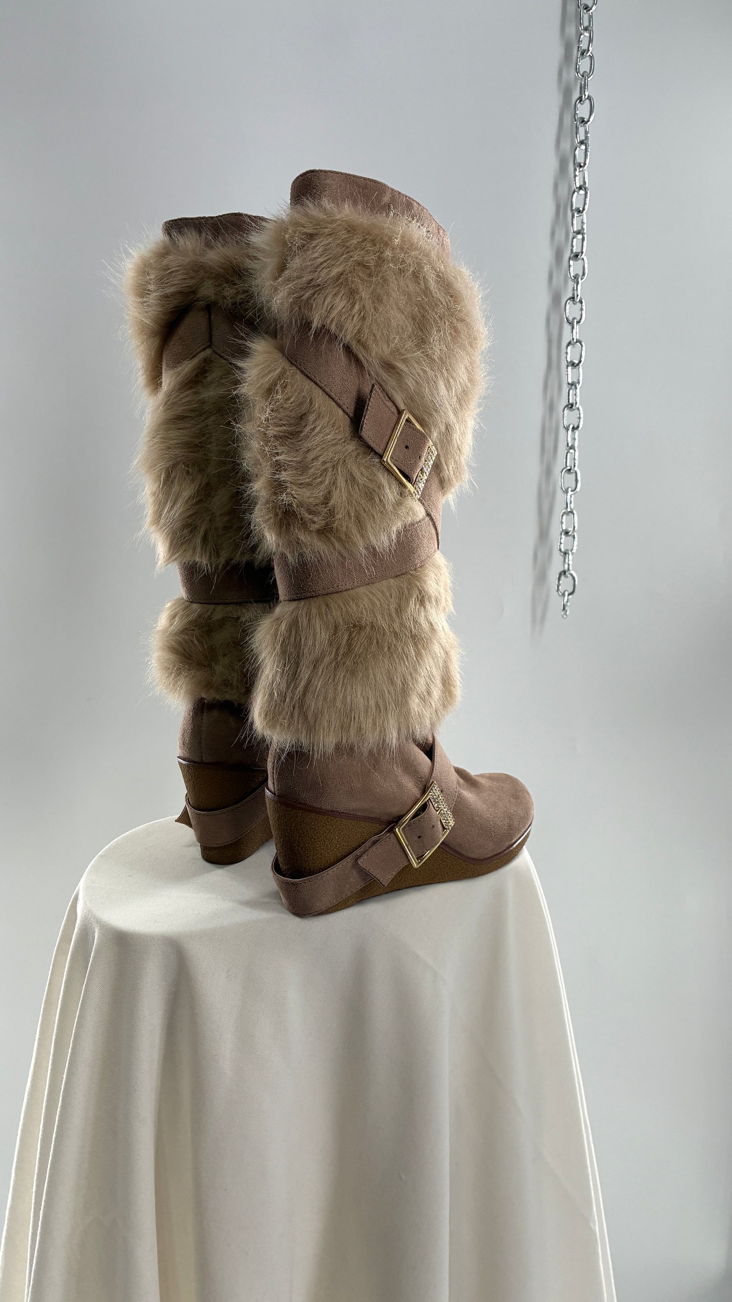 Vintage BEBE Wedge Heel Knee High Vegan Fur, Strappy Boots (6)