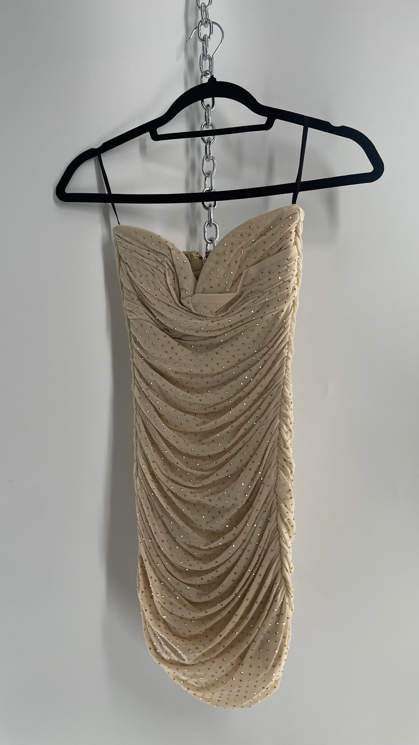 Vintage BEBE Beige Gold Studded, Ruched Mini Dress with Built In Corset (XXS)