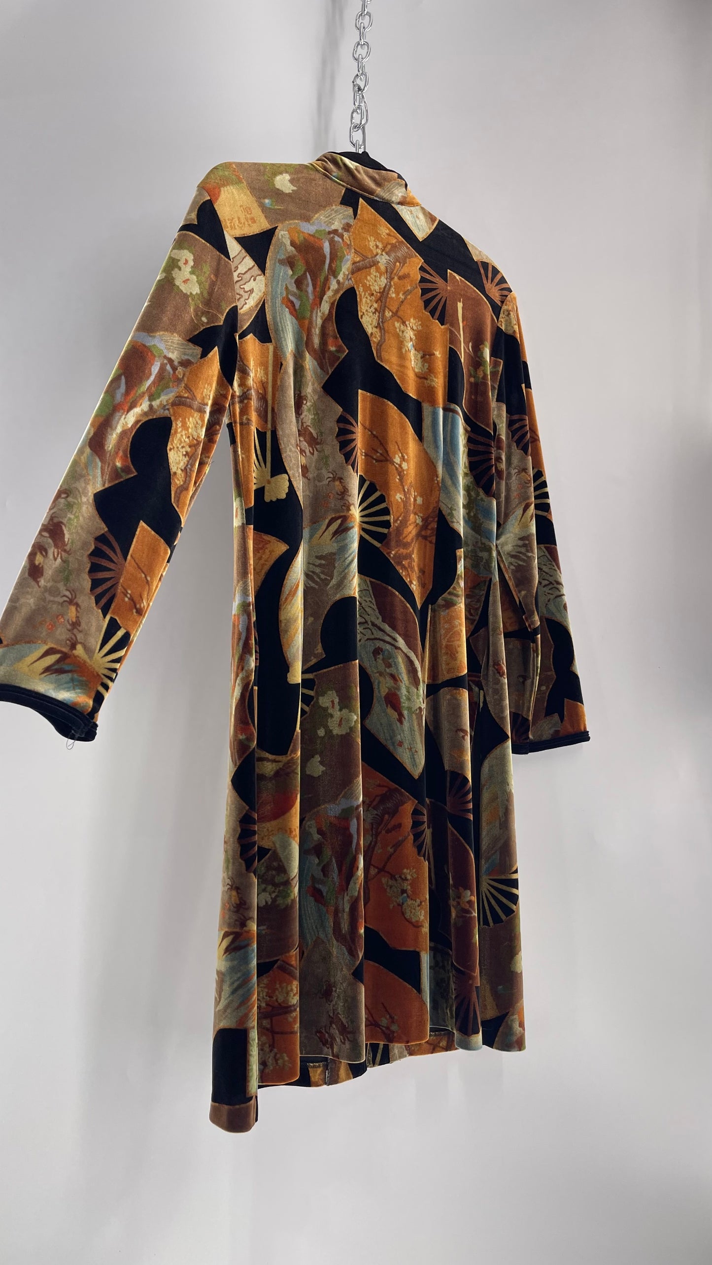 Vintage CLIO 1990s Black Velvet/Velour Fan Patterned Duster Coat (Medium)