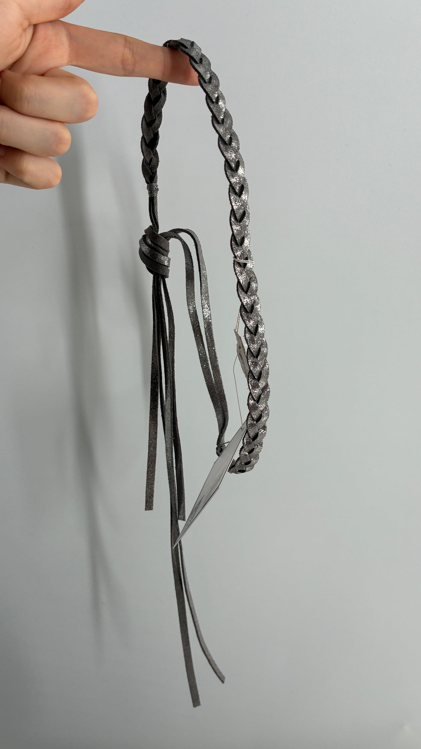 Metallic Silver Vegan Leather Braided Headband with Tags