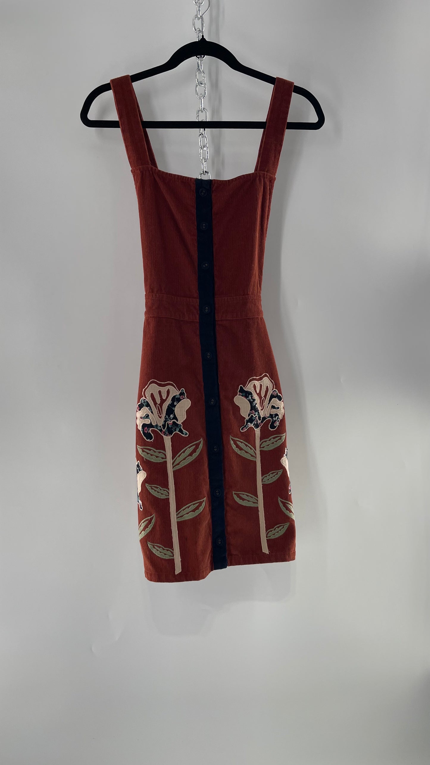 Seen. Worn. Kept. Anthropologie Terracotta Burnt Orange Corduroy Overall Dress with Embroidered Flower Details (S)