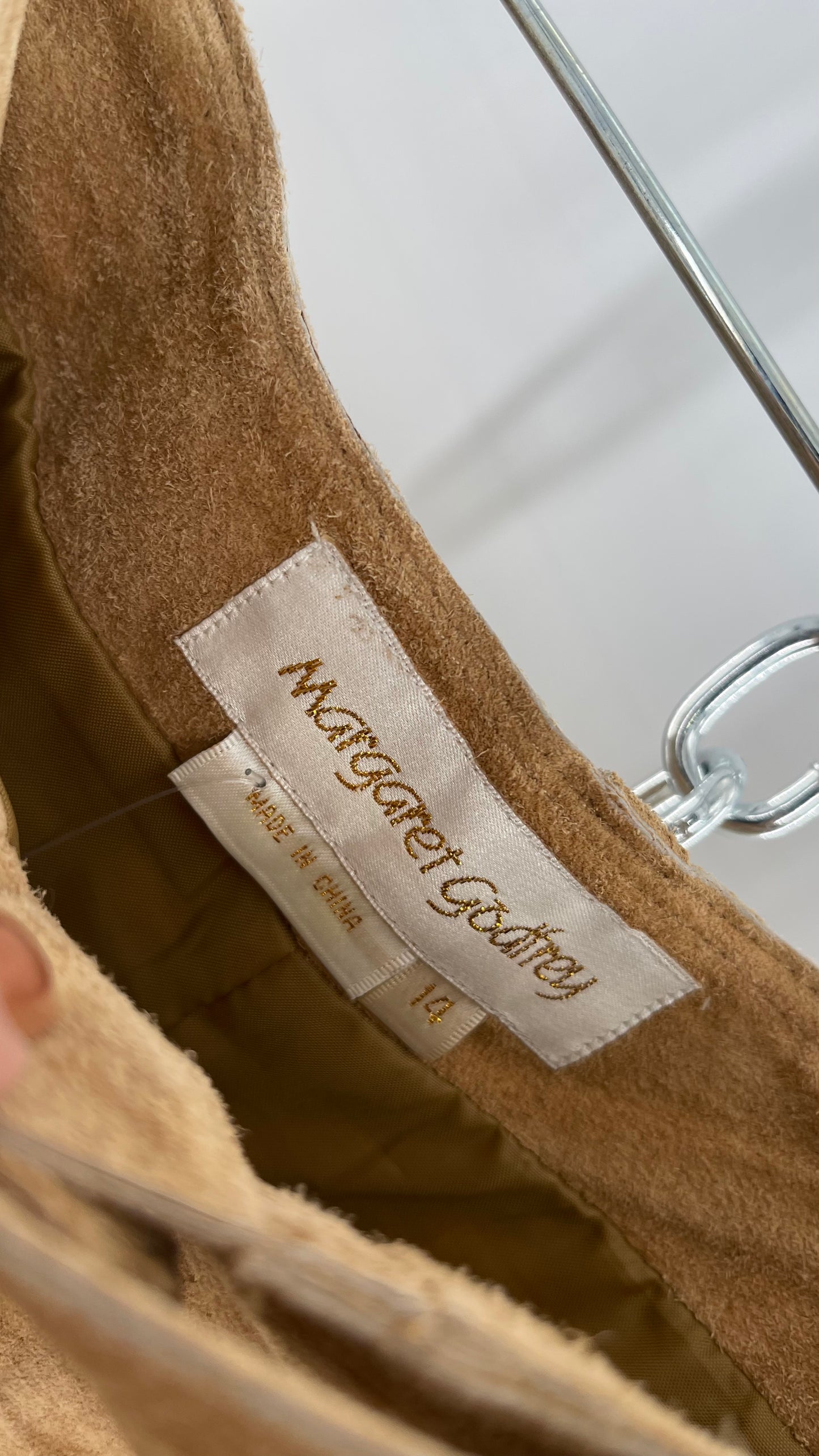 Vintage Margaret Godfrey Tan Suede Low Rise Full Length Skirt with Grommet Belt (14)