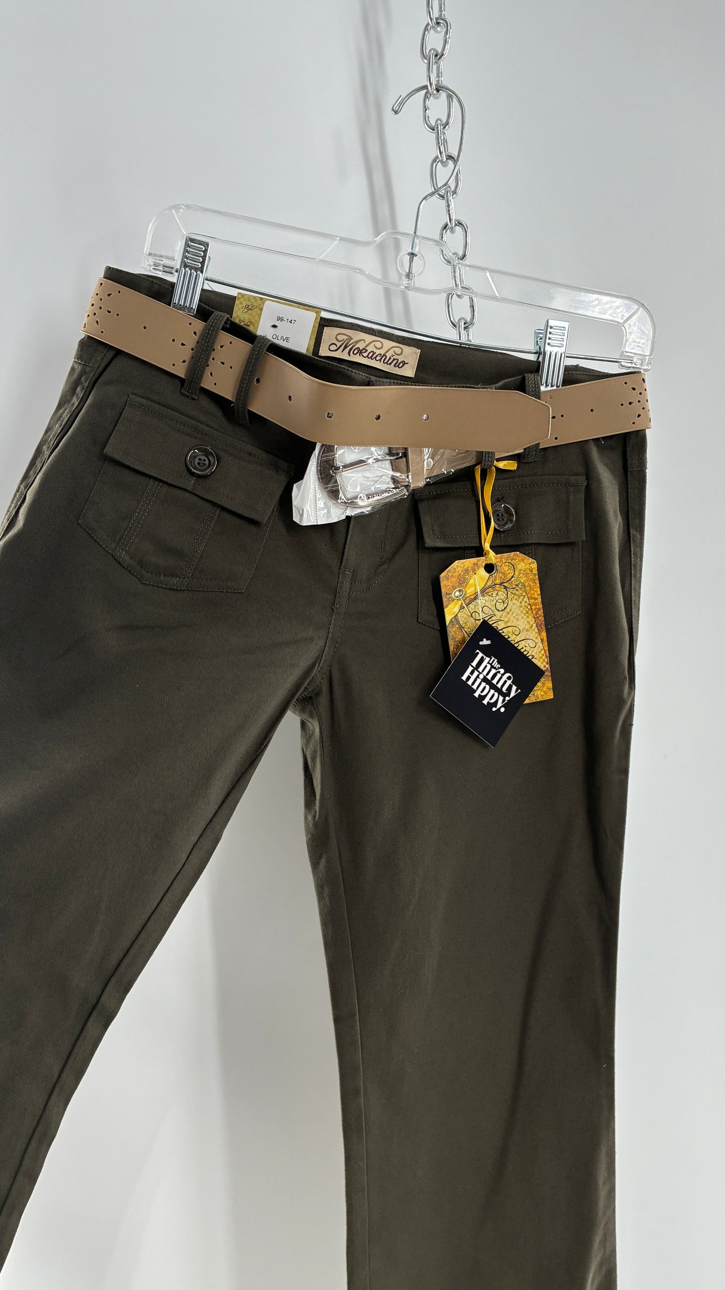 Deadstock Vintage MOKACHINO Olive Green Low Rise Kickflares with Hip/Bum Pockets and Built in Belt (7)