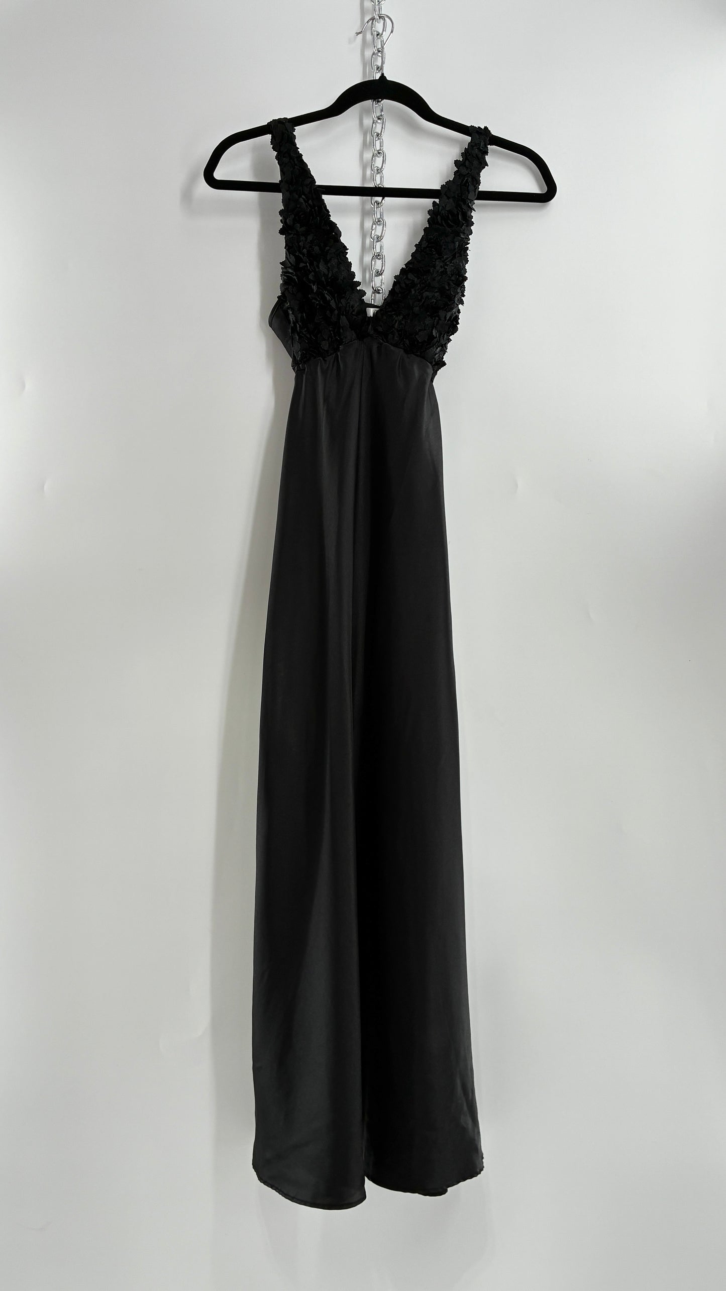 Vintage FLORA Black Slip Gown with Textured Floral Bust (Small)