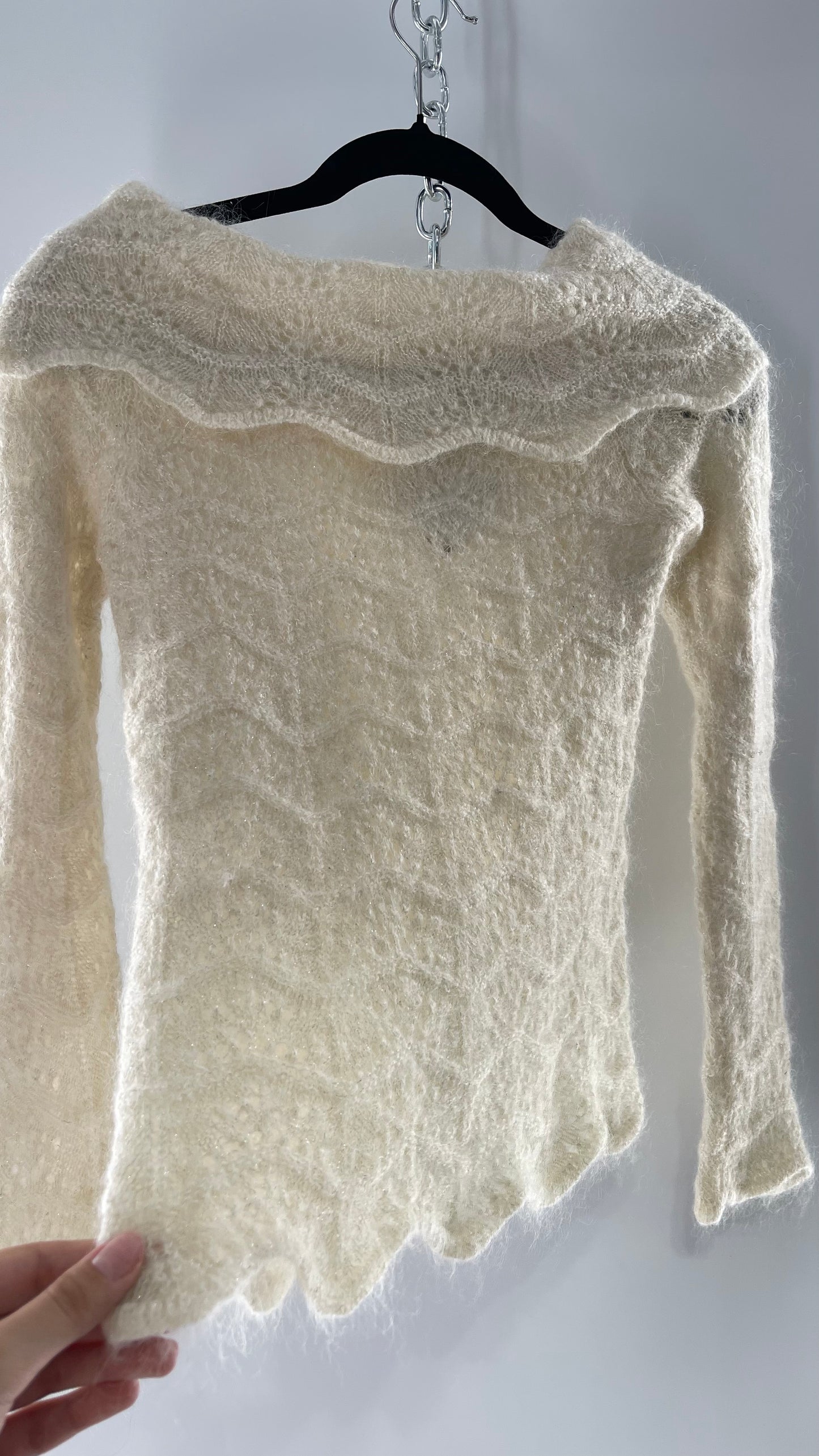 Vintage Ivory Off White Lace Knit Off the Shoulder Sweater Top (Medium)