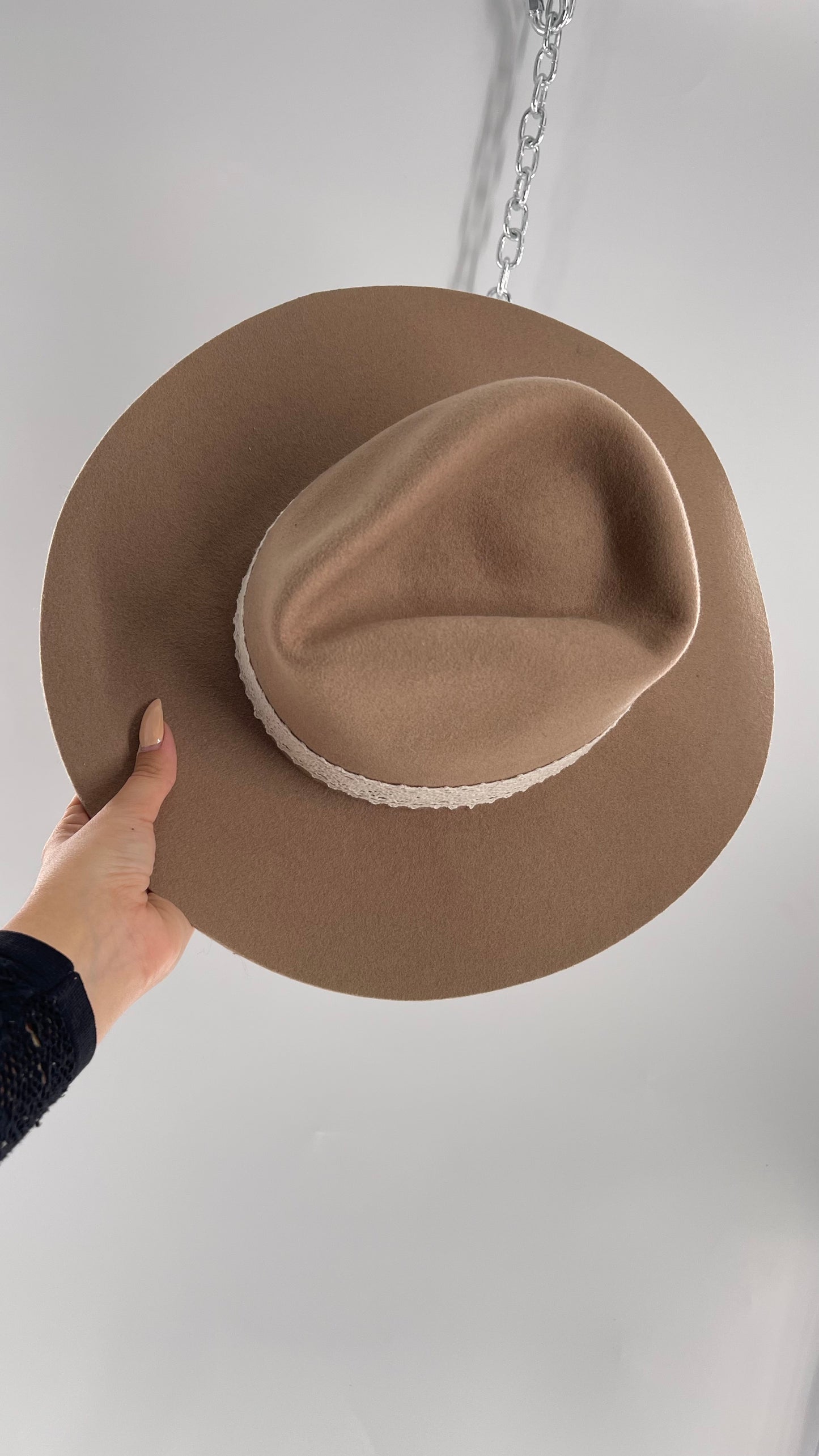 Free People WYETH Tan 100% Wool Lace Belted Wide Brim Sun Hat