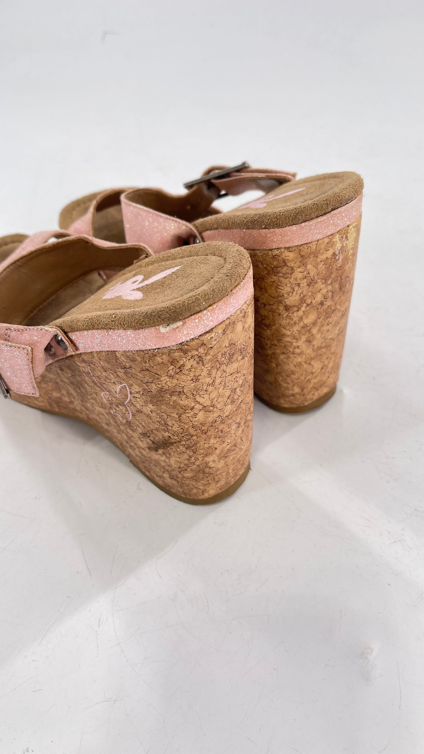 Playboy Pink Glitter Wedge Heel with Cork Heel and Playboy Engraved Buckle (6)