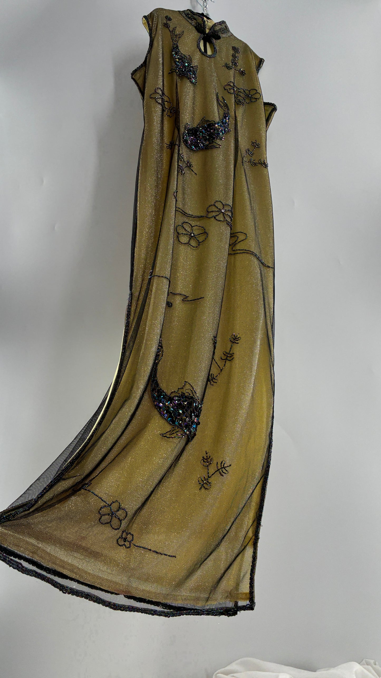 Vintage 1990s One of a Kind Handmade, Green Gown with Beaded Koi Fish, Metallic Tulle Overlay, and Symmetric Back (Medium)