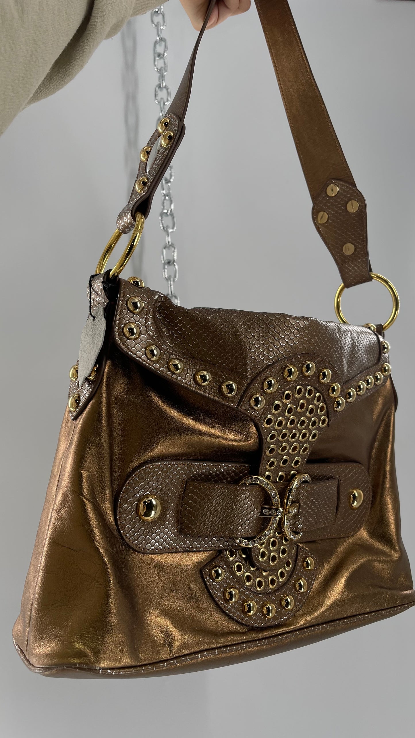 Deadstock Vintage The Find Grandeur Bronze Bag with Grommets, Gemstones, Studs and Exaggerated Buckle
