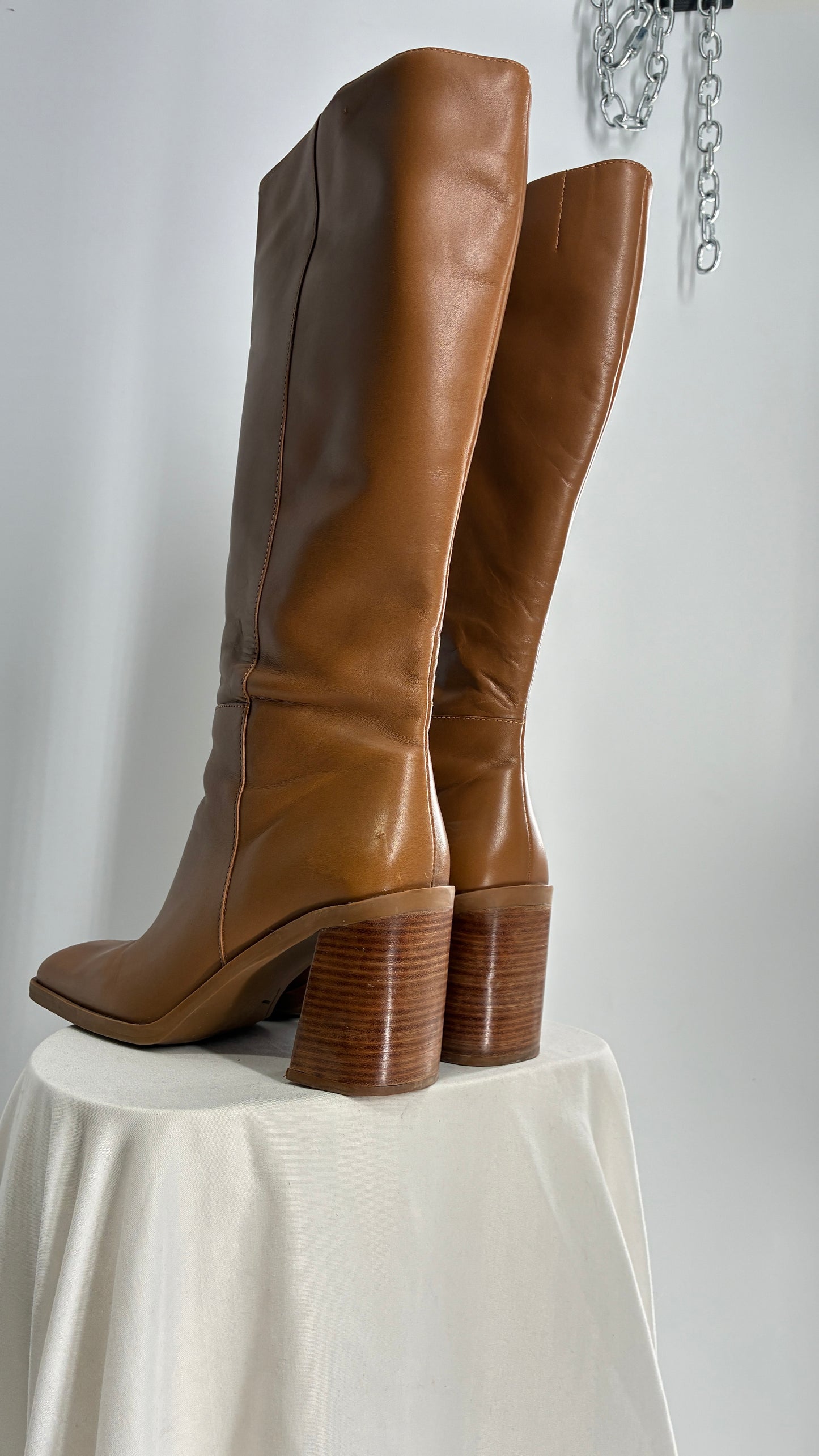 Vintage Strive Genuine Leather Square Toe Knee High Boots with Chunky Block Heel Made in Uruguay (9.5)