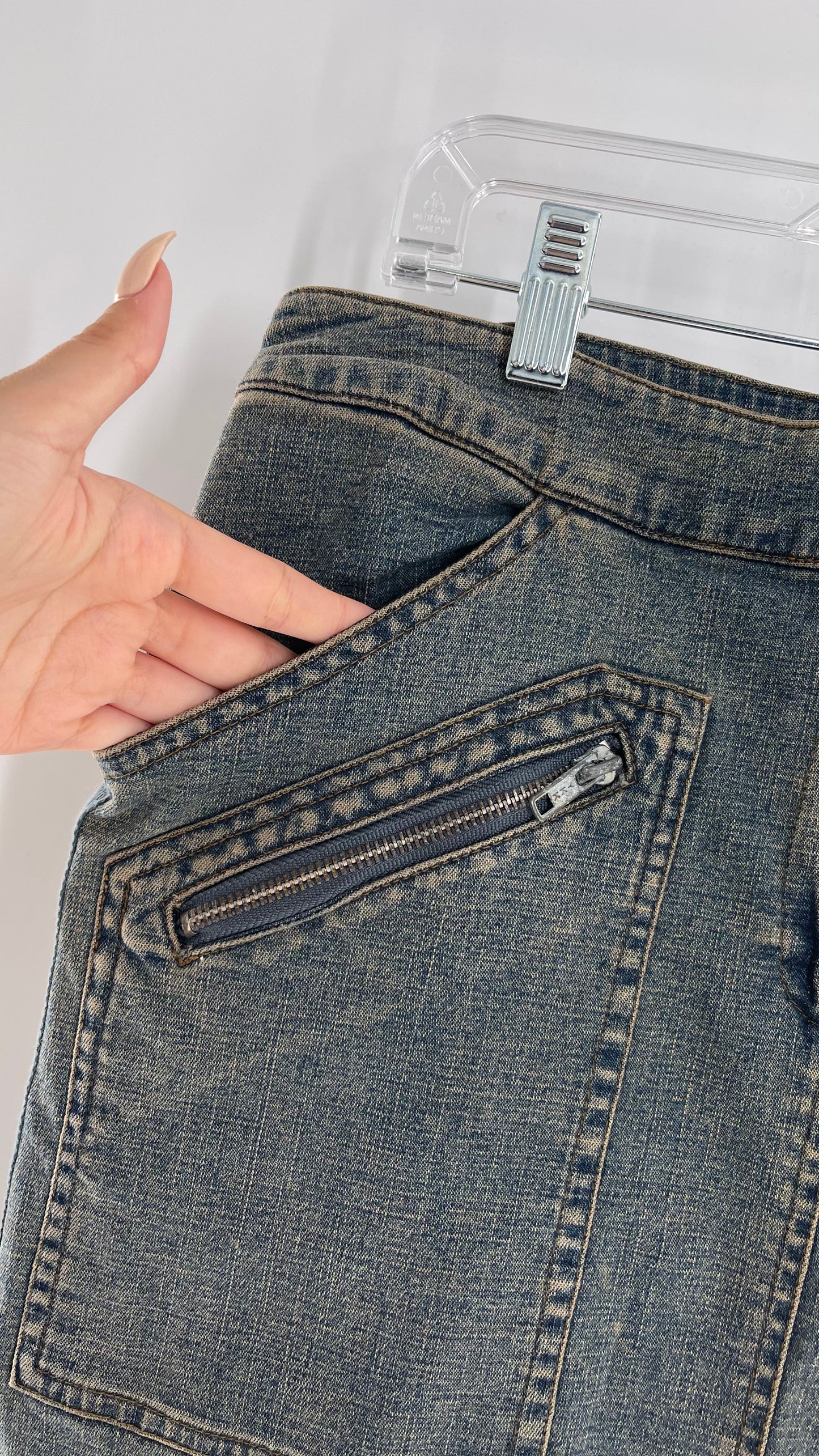Vintage More Feminine w/o Limits Denim Skirt with Grommet Lace Up Sides and Fade (42)