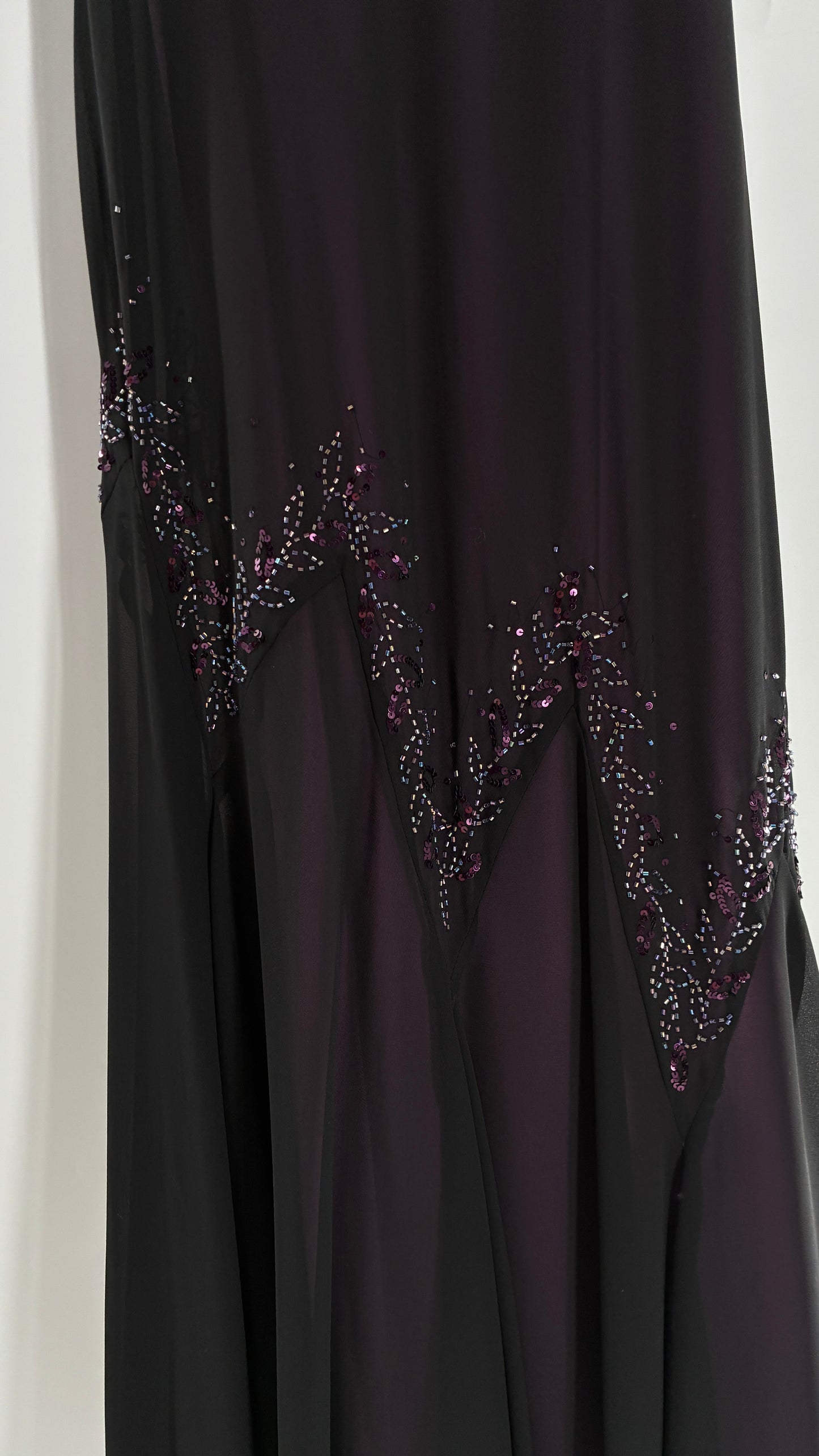 Vintage XSCAPE Full Length Black Beaded Gown with Purple Underlay (4)