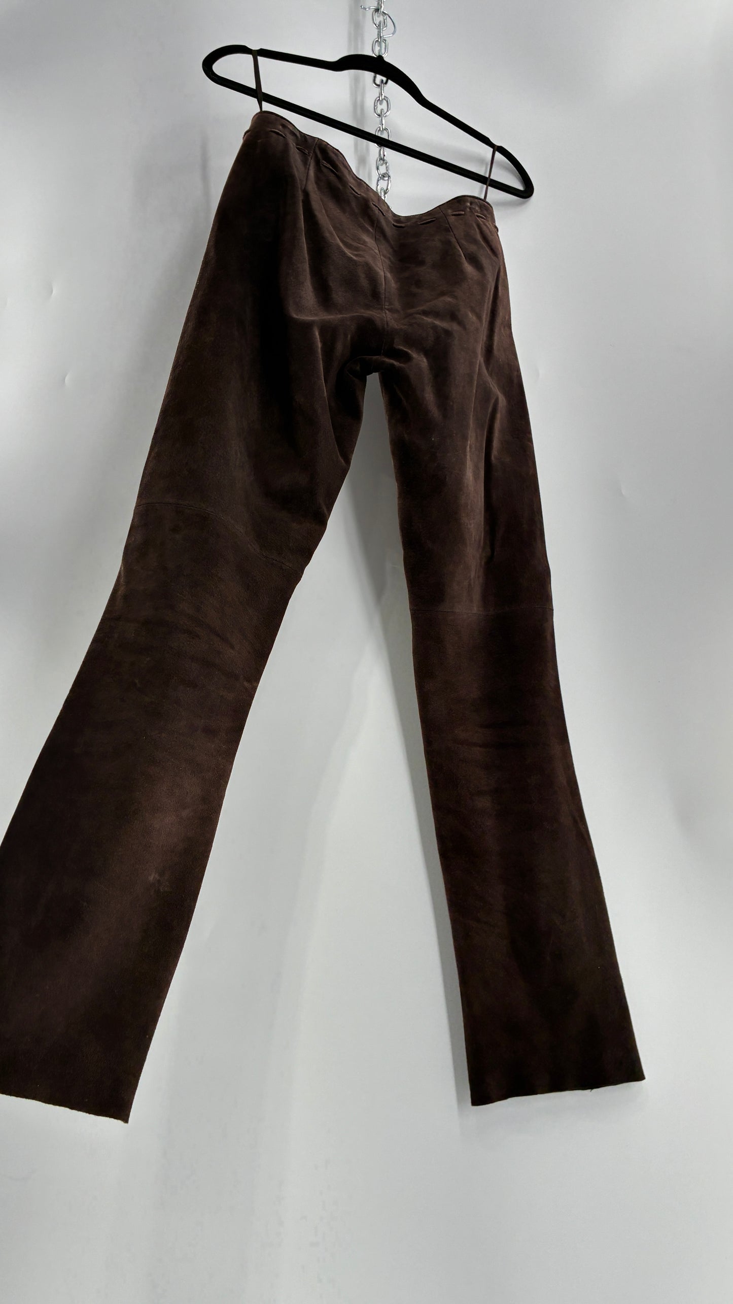 Vintage FOR JOSEPH Low Rise, Chocolate Brown Suede Pants with Leather Stitch Sides and Bow Closure (28)