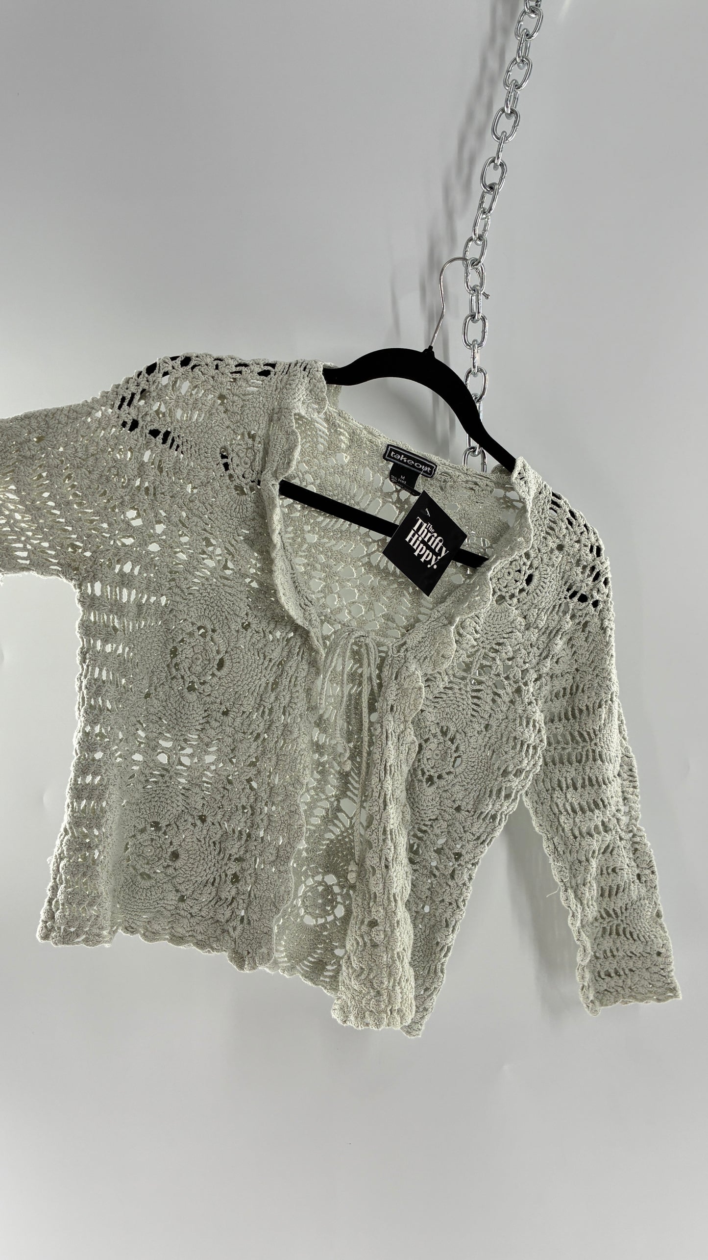 Vintage TAKEOUT Grey Crochet Knit Tie Bust Cardigan Top (Medium)