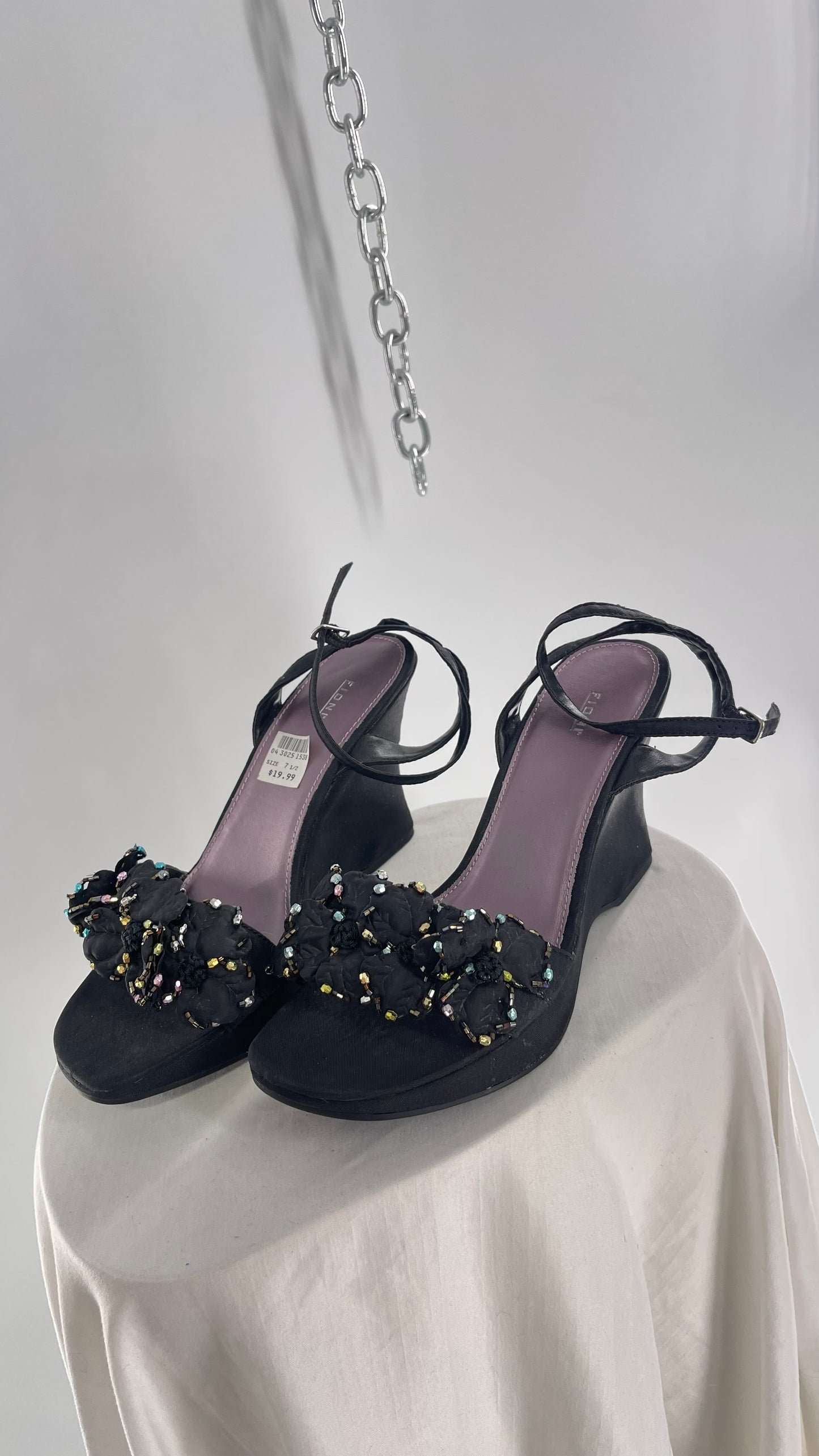 FIONI Vintage Black Wedge Satin Heel with Beaded Floral Rosette Petals (7.5)