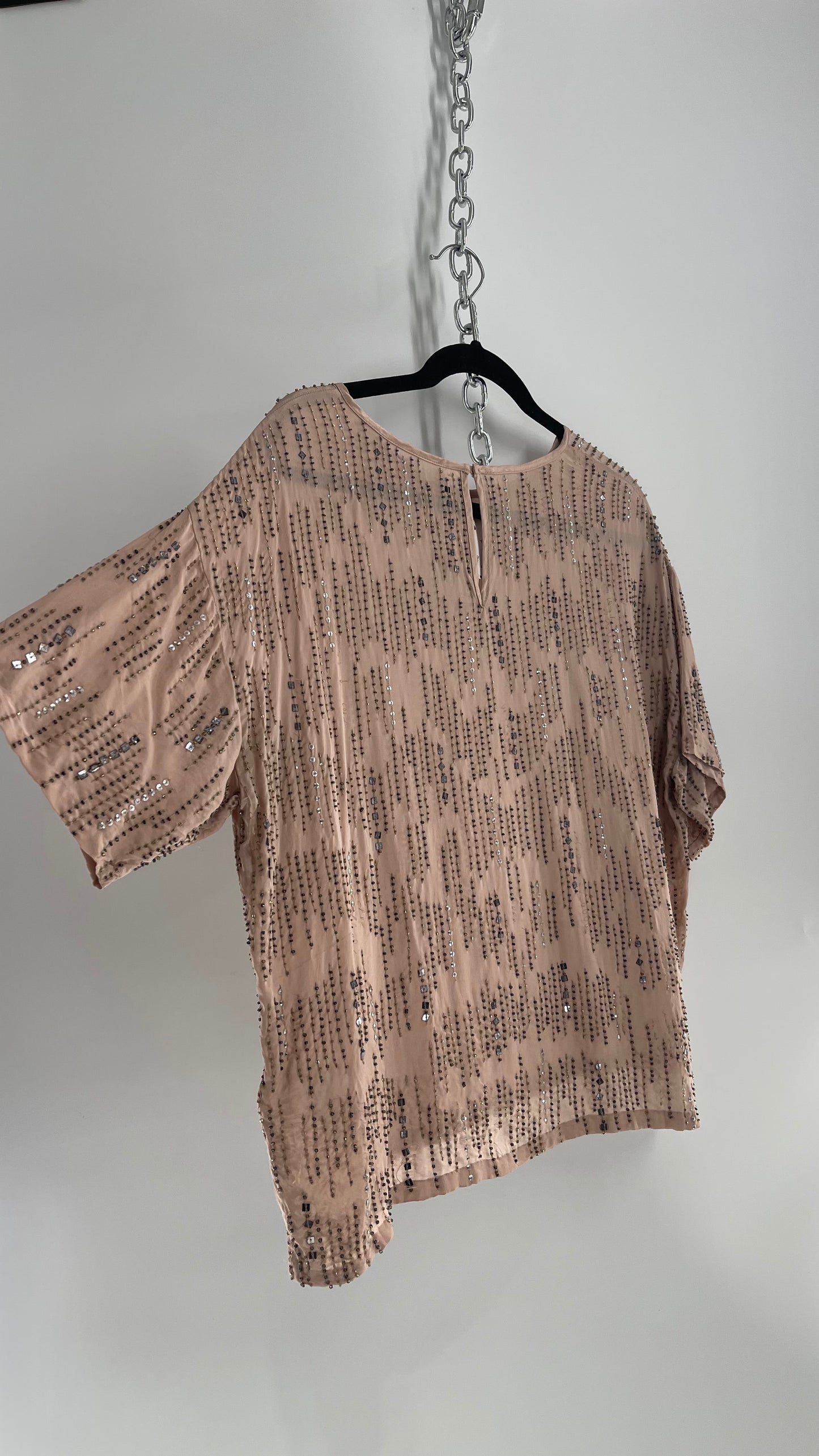 Velvet Anthropologie Dusty Rose Silky Top Covered in Beading and Tags Attached (Medium)