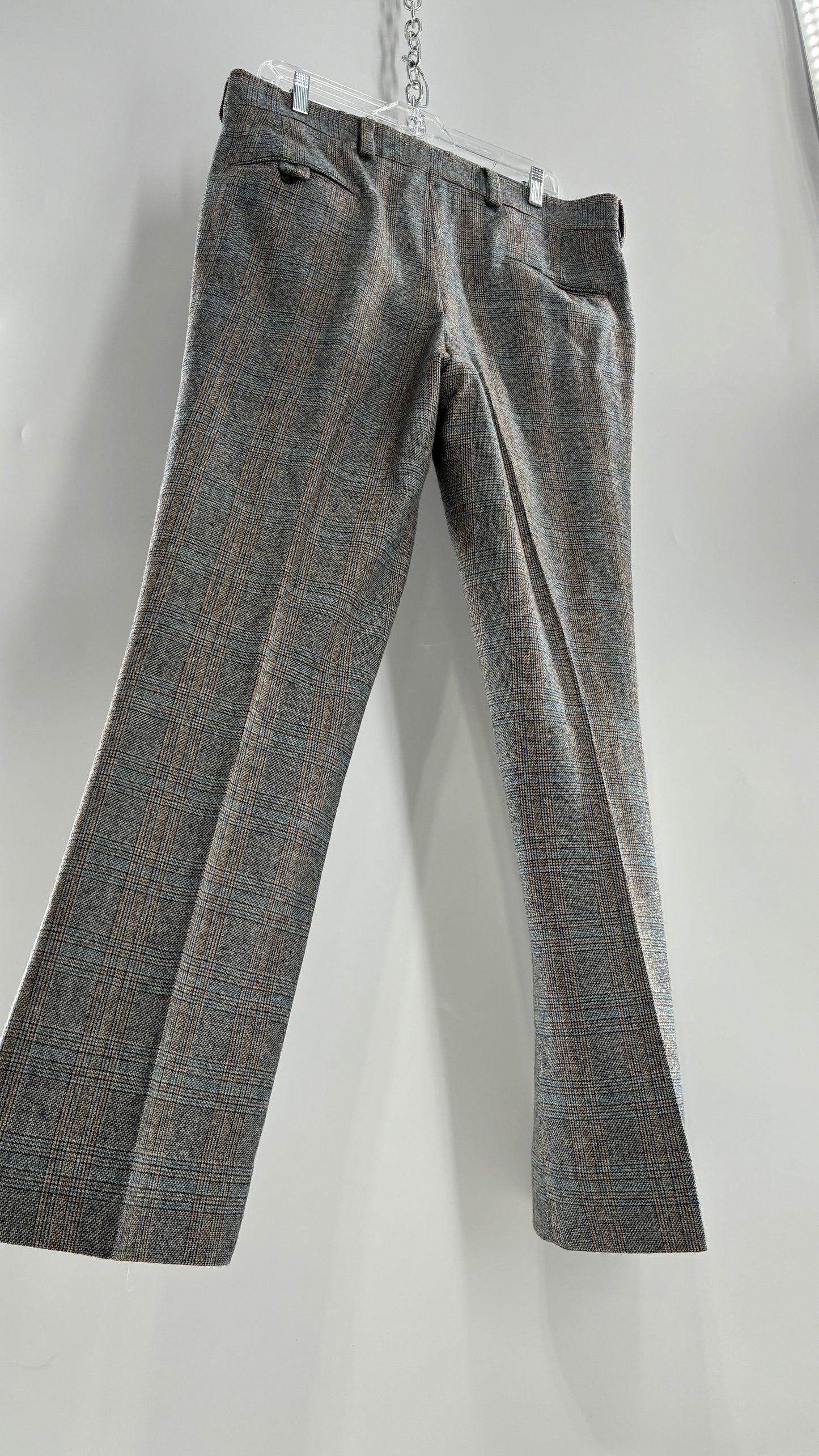 Vintage Handmade Wool Blend Woven Men’s Tailored Trousers with Grey Blue Plaid Pattern (35x32)