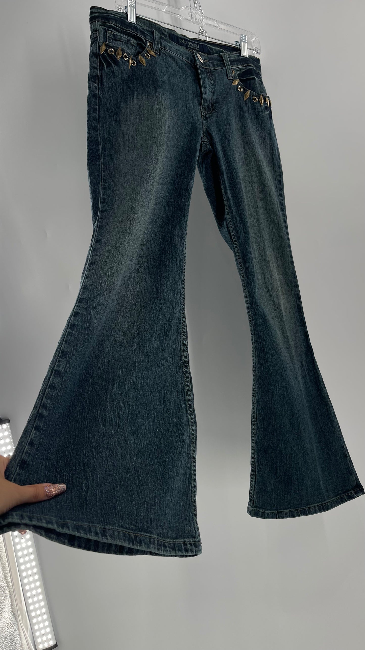 Vintage Blue Pointe Kickflare Medium Wash Jeans with Gold Rhinestone Metal Jewels (13)