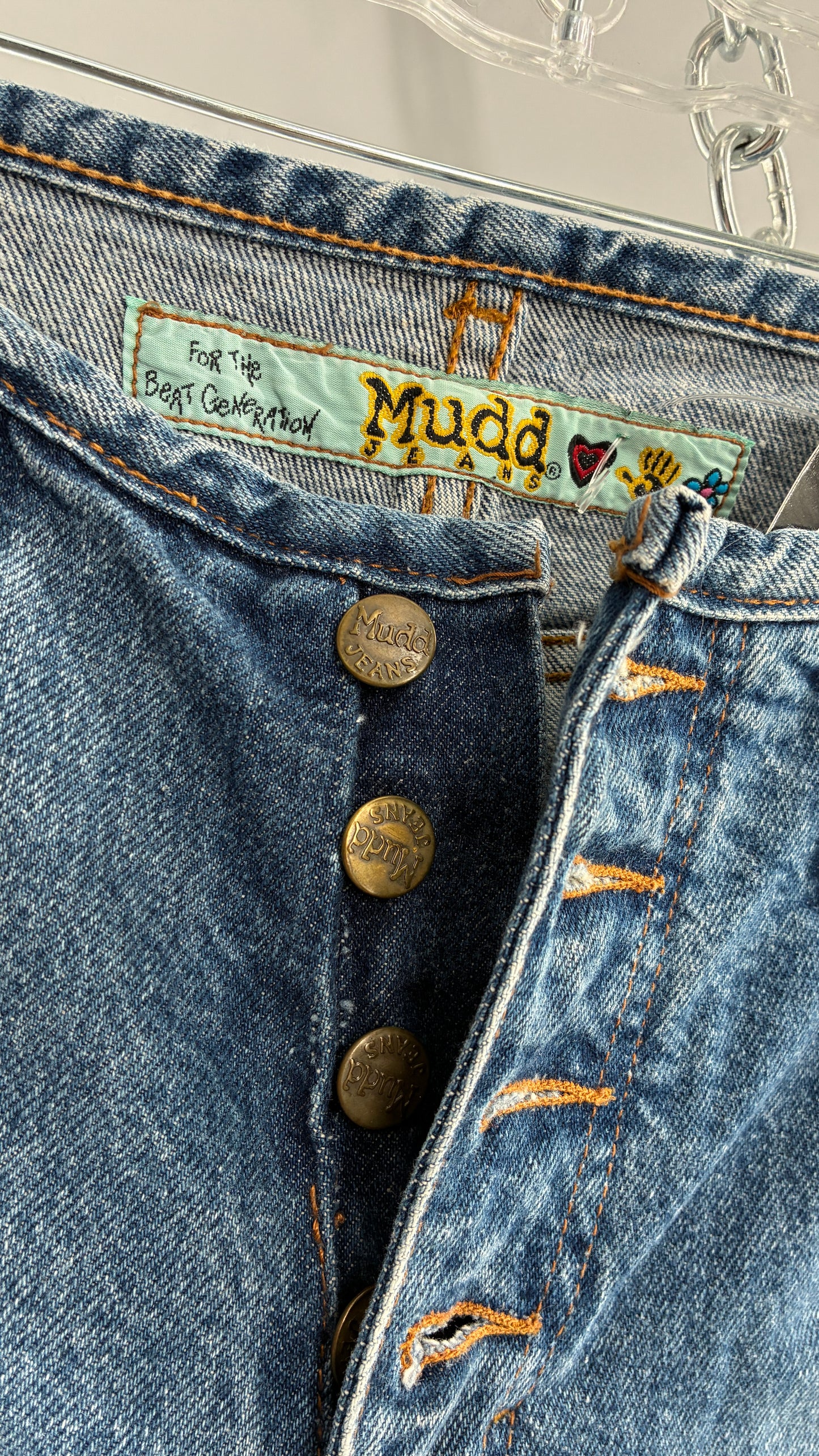 Vintage 1980s MUDD Flared Button Front Jeans with Colorful Jacron (9)