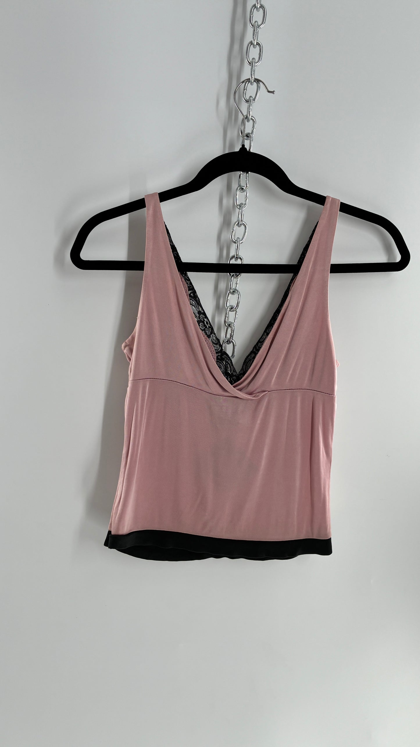 Vintage 1990s Express Dusty Pink Camisole with Black Lace Details and Bow Bust (XS)
