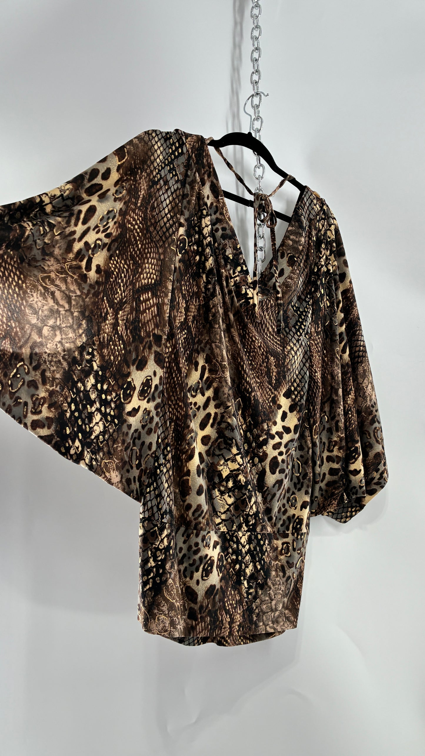 Vintage ZIZZI Metallic Animal Print Mini Dress with Draping Sleeves and Rhinestone Neckline (Large)