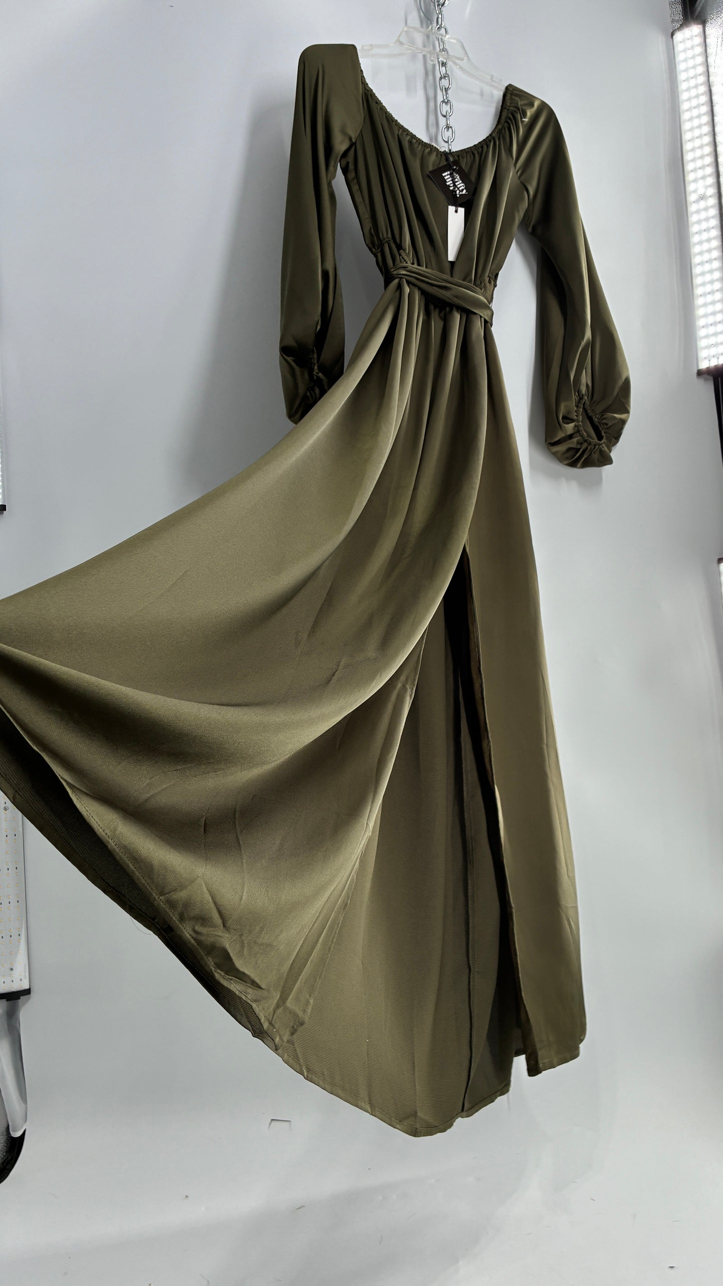 Dress Day Army Green Silky Balloon Sleeve Full Length Gown with Slit and Tags Attached (Medium)