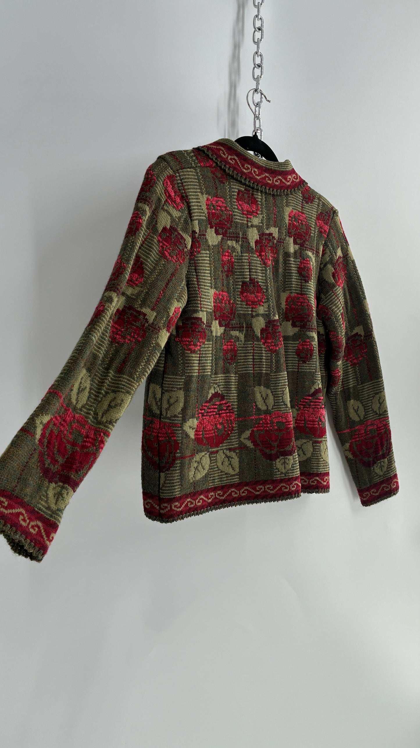 Vintage Cherry Lewis Made in England 81% Wool Thick Knit Sweater Jacket with Rosettes (Small)