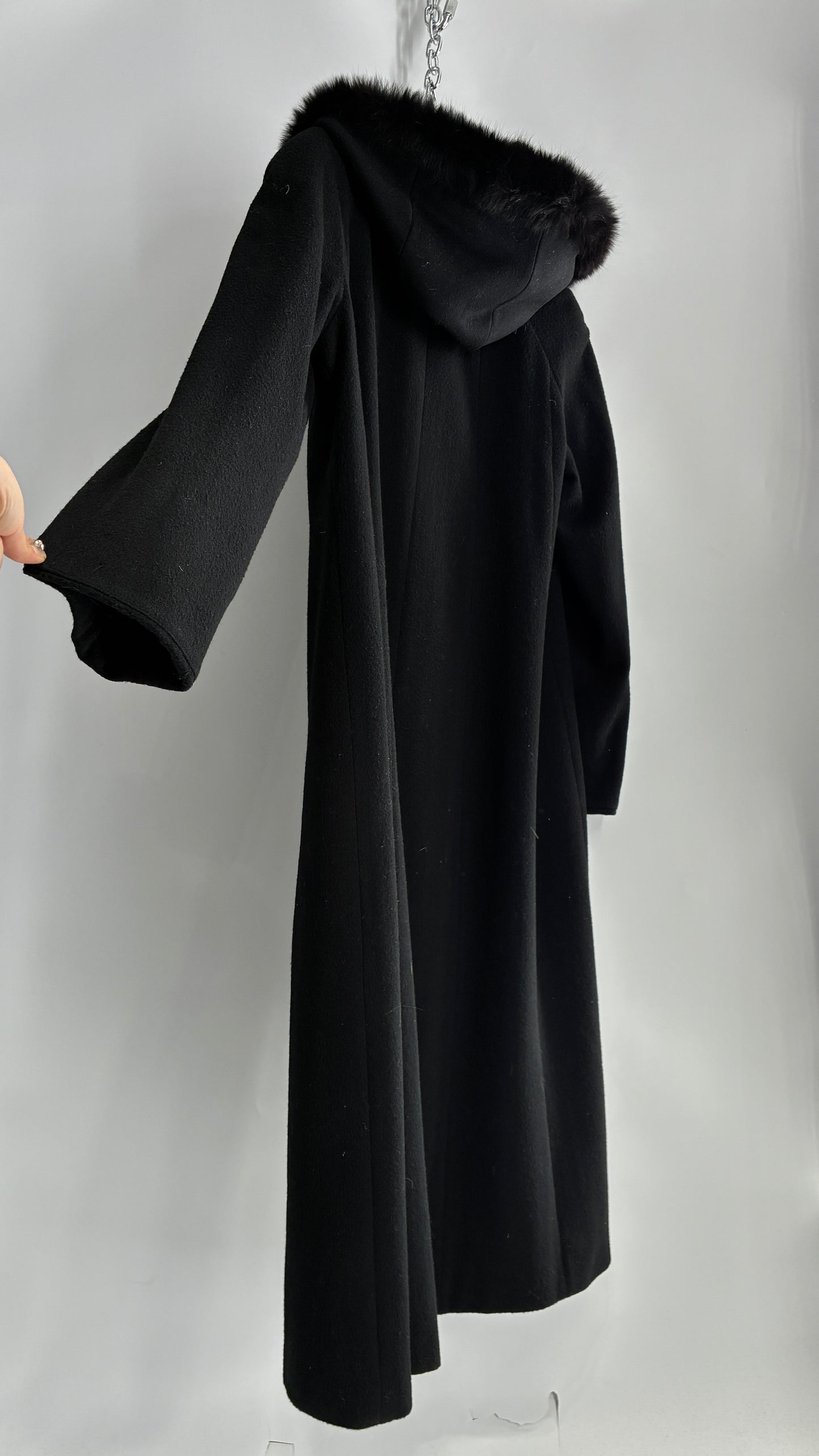Vintage ANDREA COLLECTION Black Wool Blend Full Length Coat with Fur Trim Hood (12)