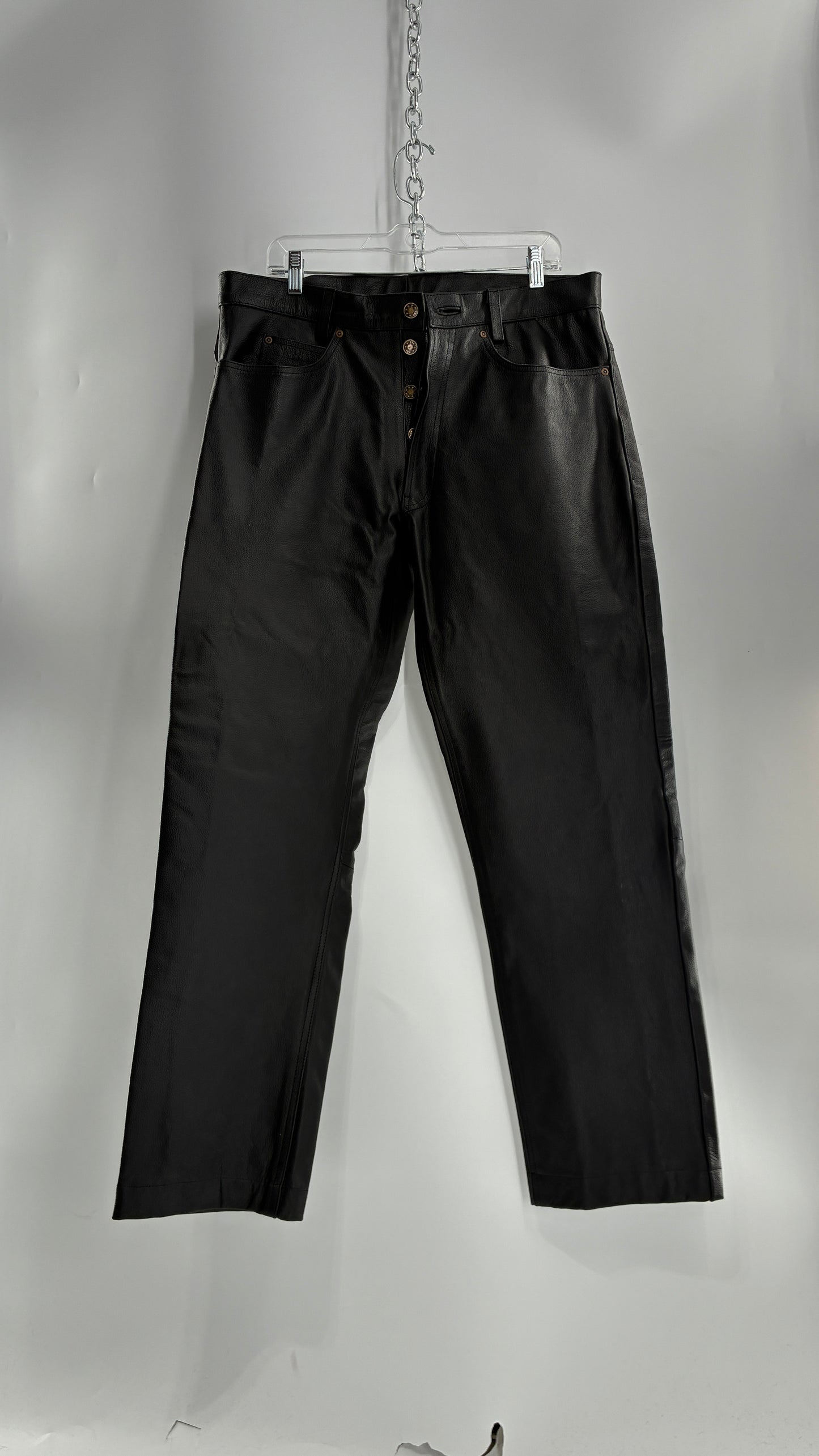 Vintage Button Front, French, Black, Thick Genuine Leather Pants (36)