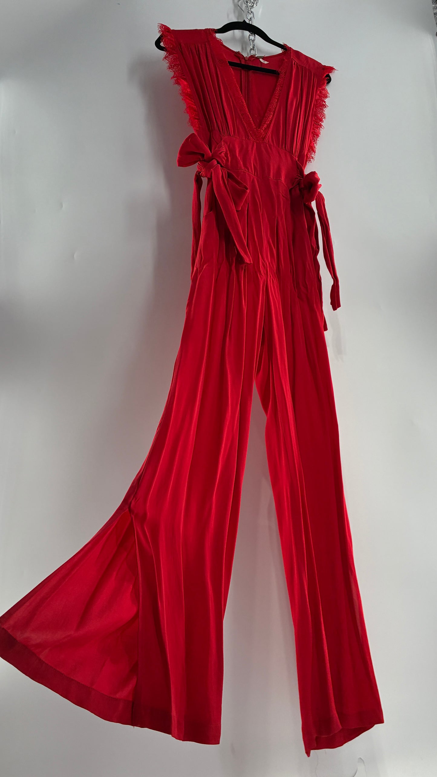 Free People Red Jumpsuit with Waist Ties and Scalloped Lace Details (2)