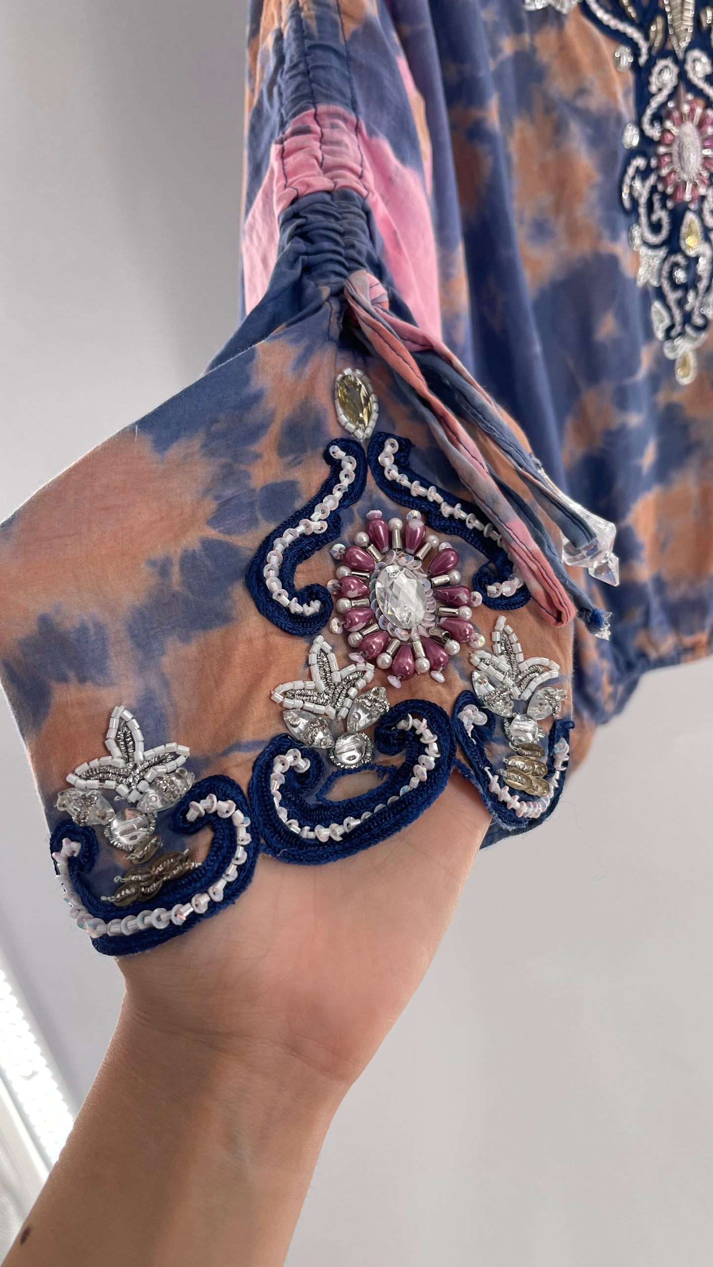 TAJ by Sabrina Crippa Tie Dye Blouse with Gemstone Encrusted Neckline and Ruched Beaded Sleeves (S/M)