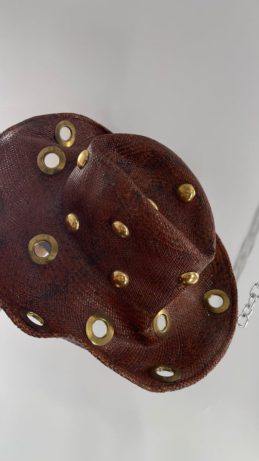 Vintage B.Michael Brown Straw Hat with Gold Grommets