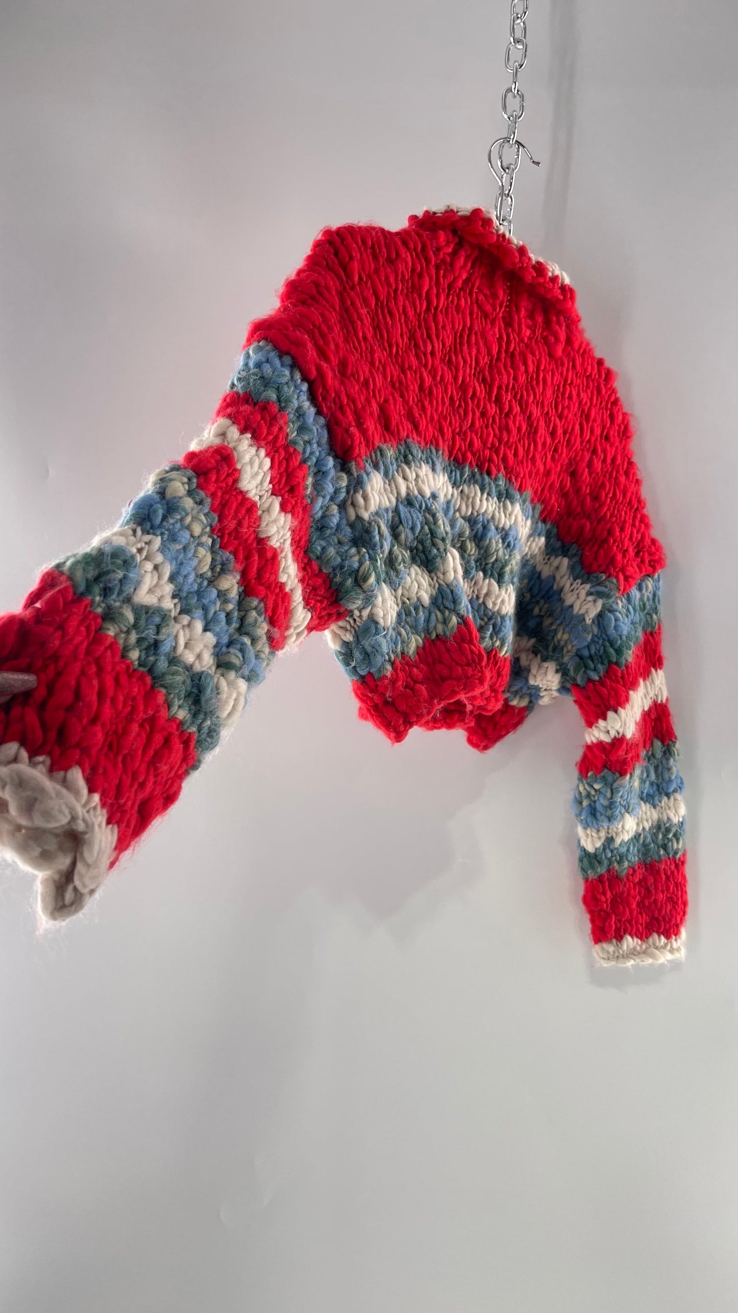 BDG Urban Outfitters Thick Knit Red White Blue Chunky Cropped Striped Cardigan (XS)