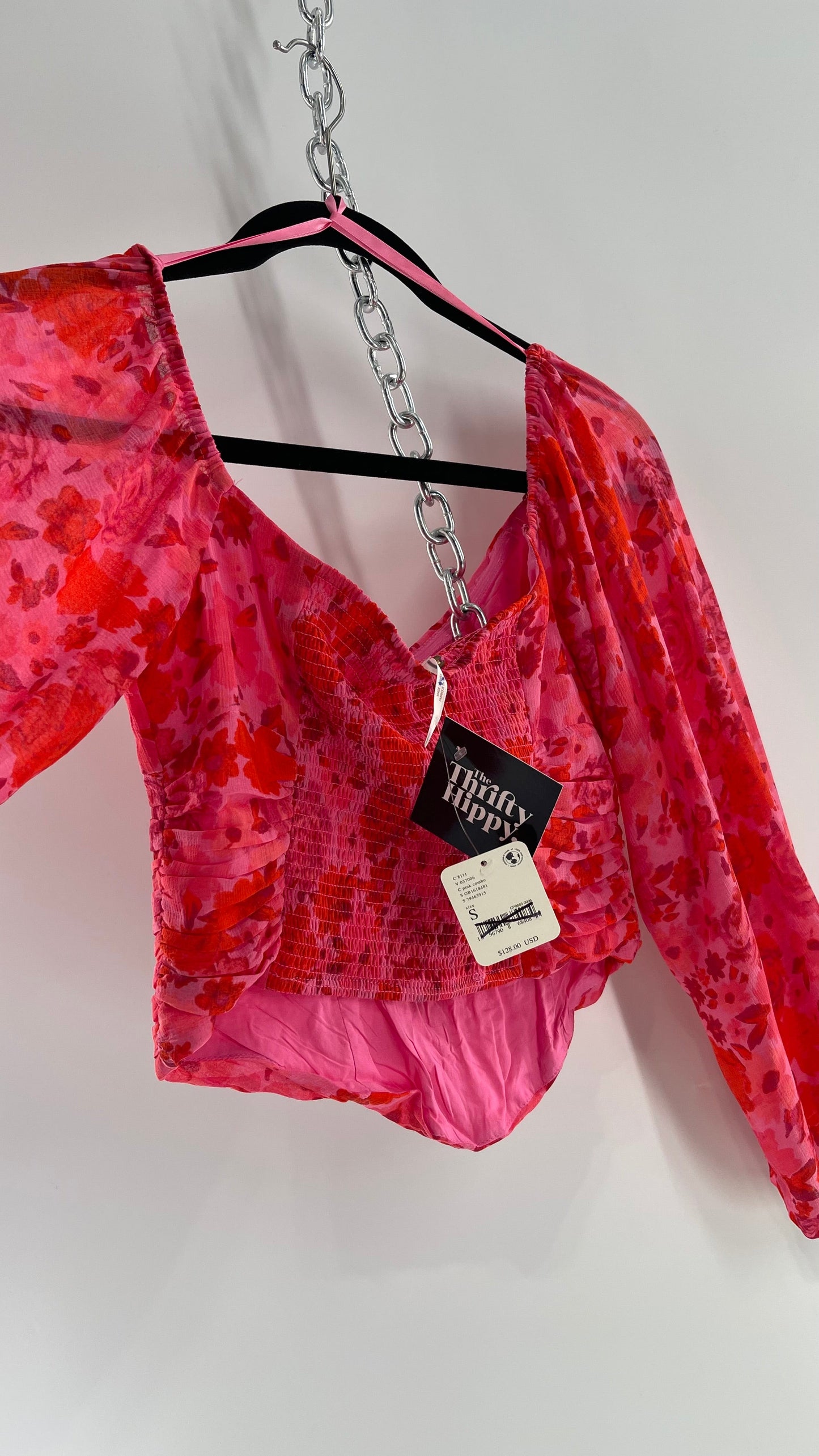 Free People Cropped Floral Blouse with Ruched Body, Balloon Sleeves and Appliqué Rosette Bustline with Tags Attached (XS)