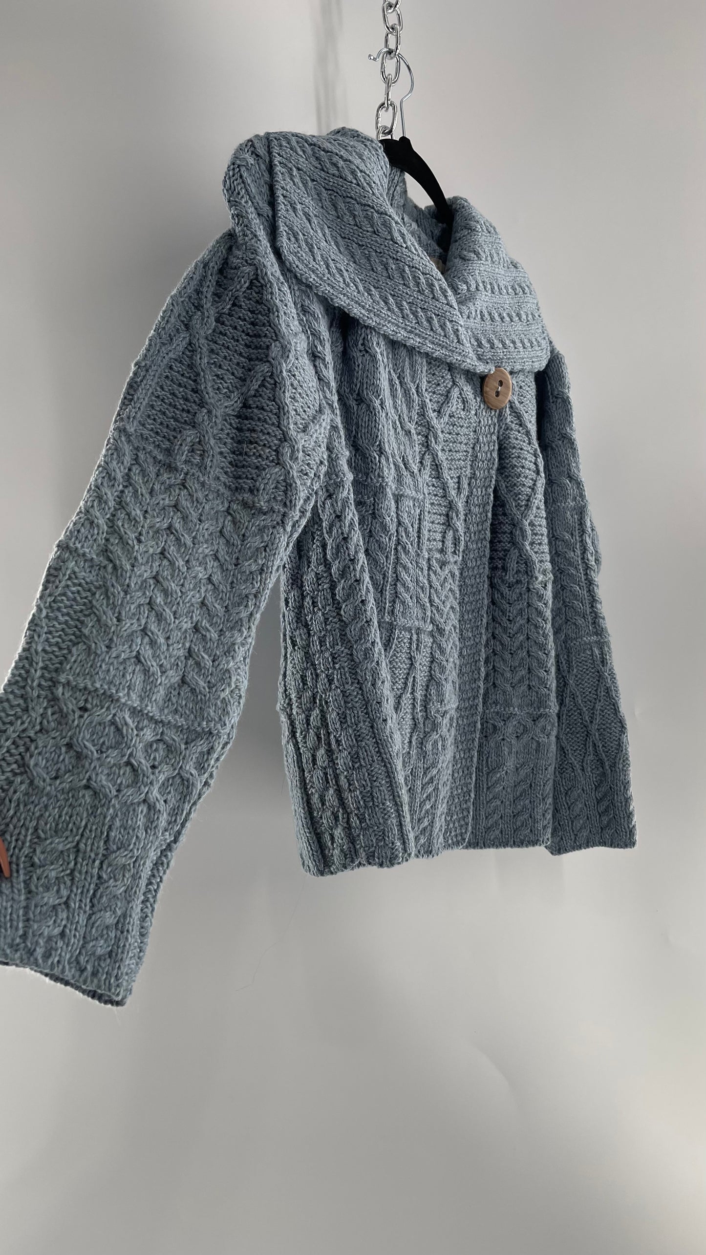 Authentic Irish Aran Sweater Market Slate Blue Aran Stitch Sweater with Oversized Wooden Button Detail and Certificate of Authenticity (Small)