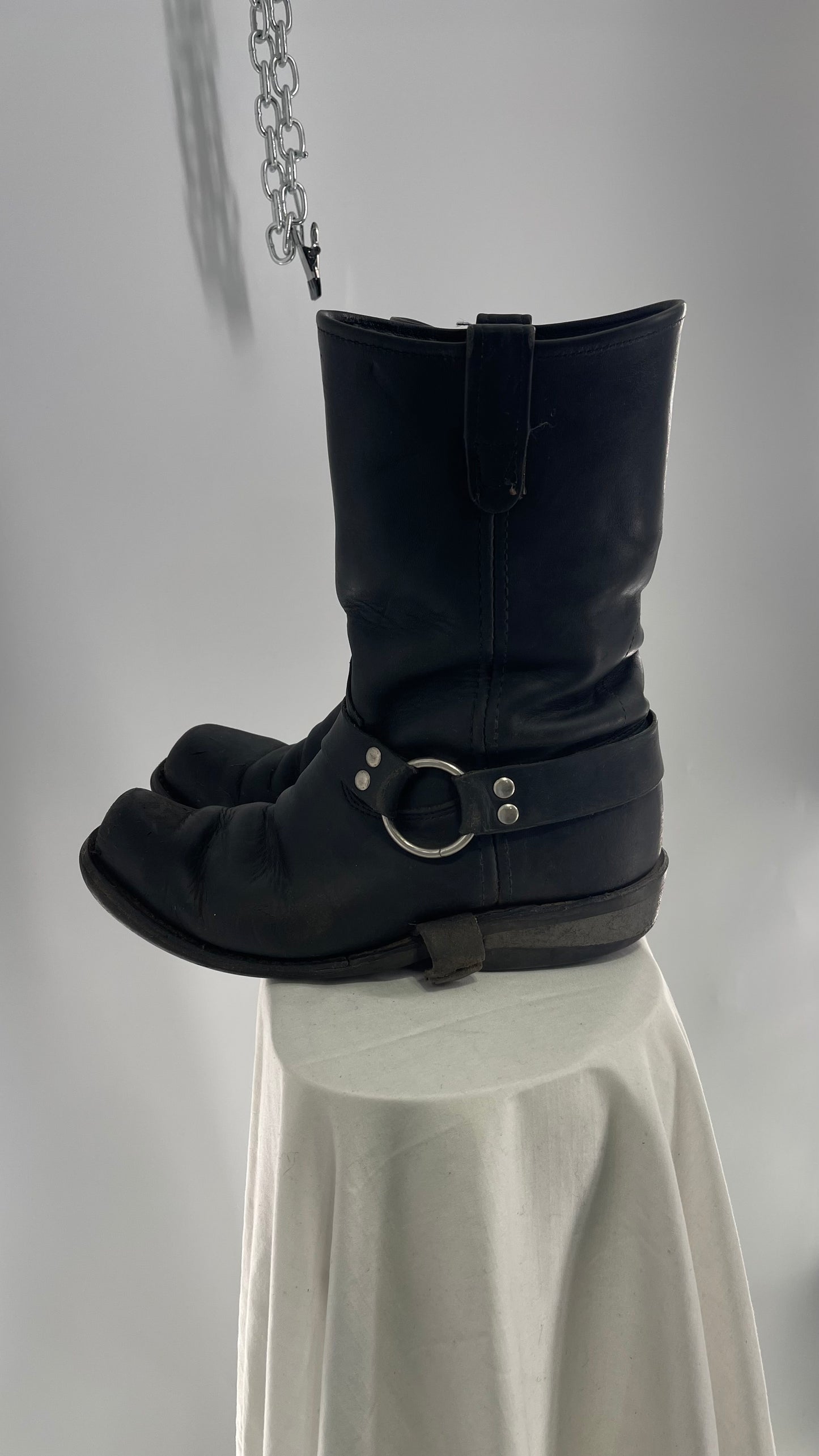 Vintage SIERRA Black Heavy Duty Sloppy Scuffed Distressed Leather Motorcycle Boots (10.5)