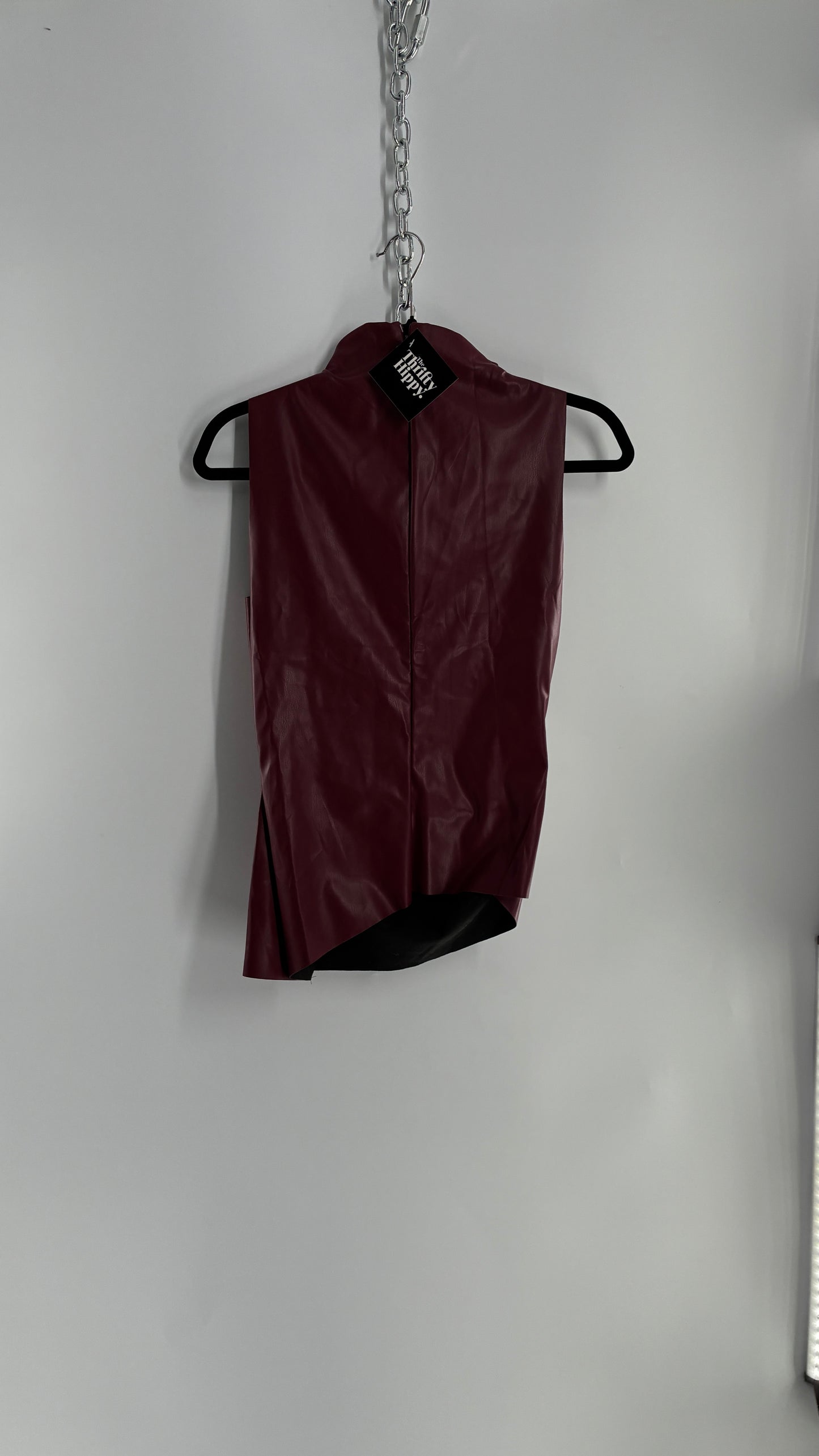 Faux Leather Maroon Ruched High Neck Asymmetric Sleeveless Top (Medium)