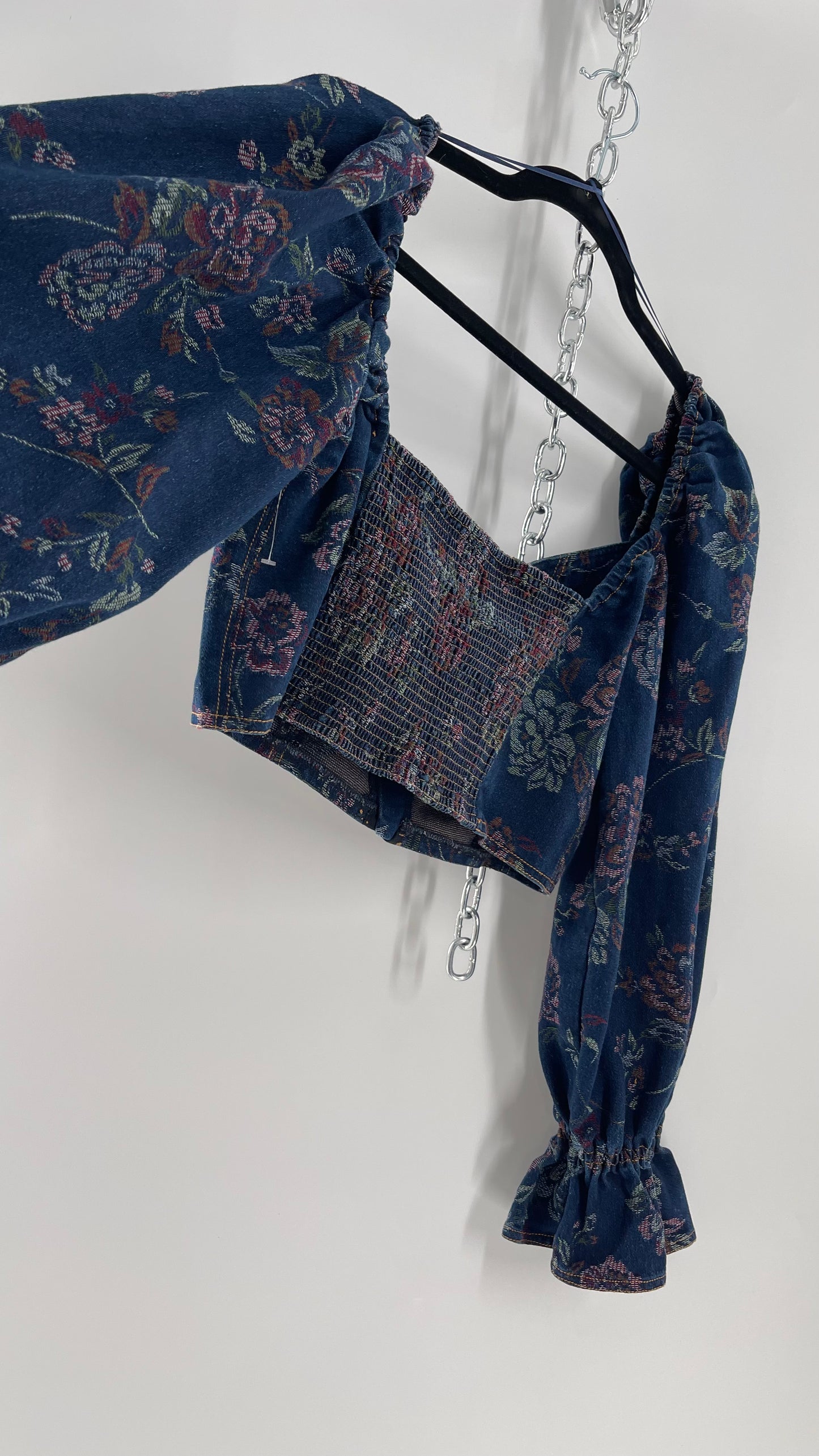 Urban Outfitters Denim Cropped Corset Grommet Balloon Sleeve Blouse (Large)