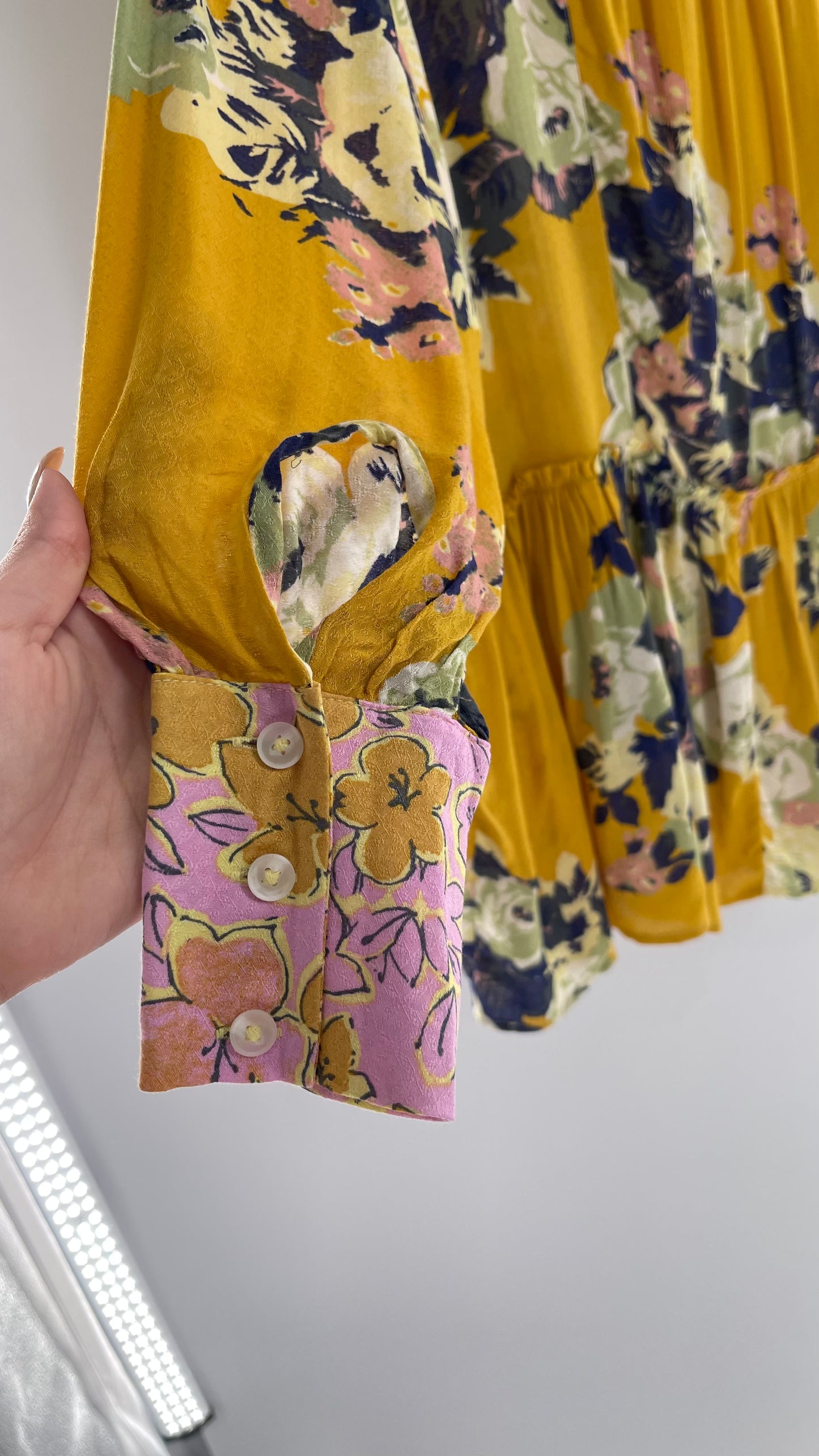 Free People Oversized Button Up Contrast Pattern Yellow Floral Blouse (XS)